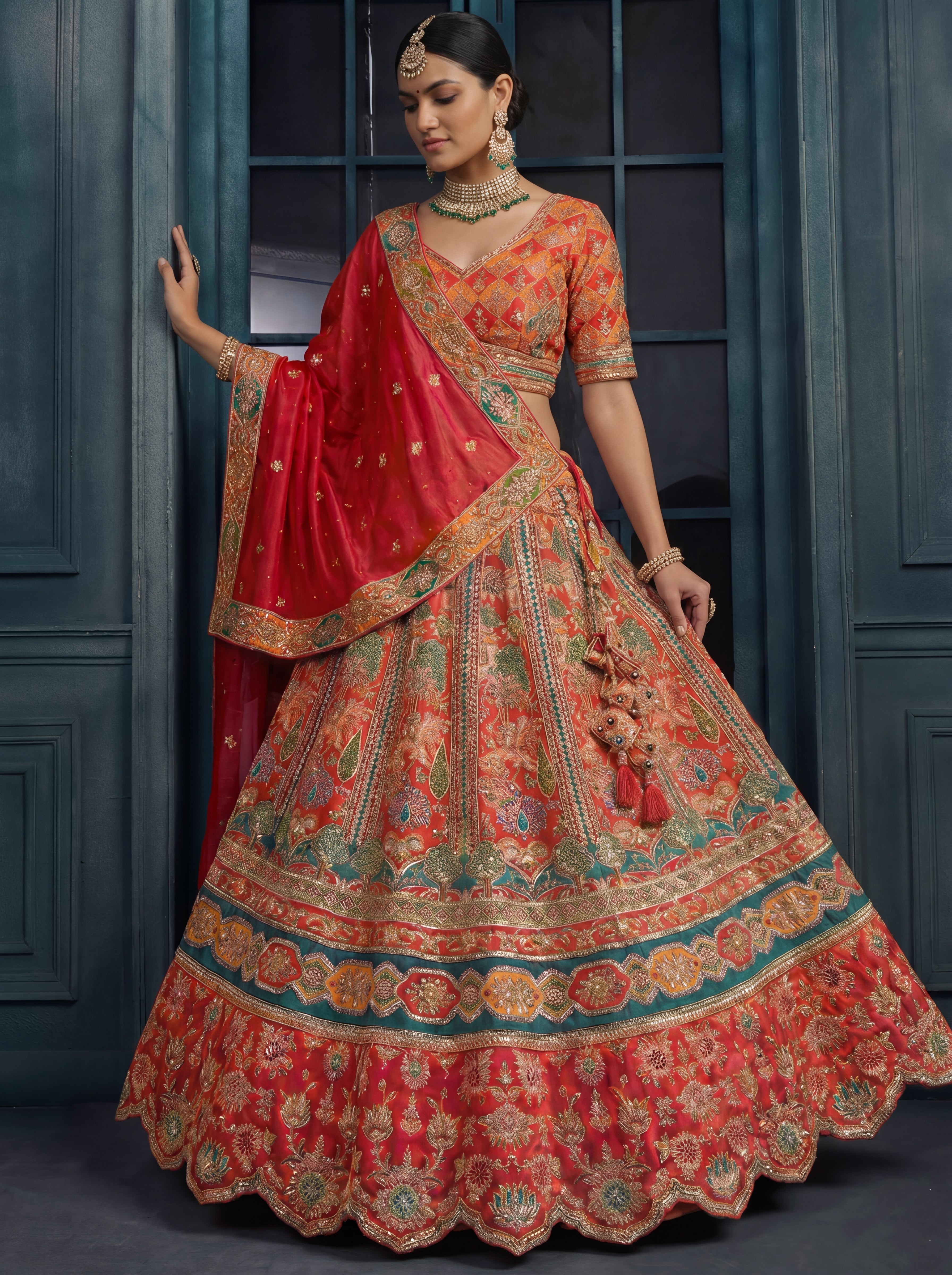 Crimson Red Viscose Sequins Mirror Bridal Lehenga Choli Set