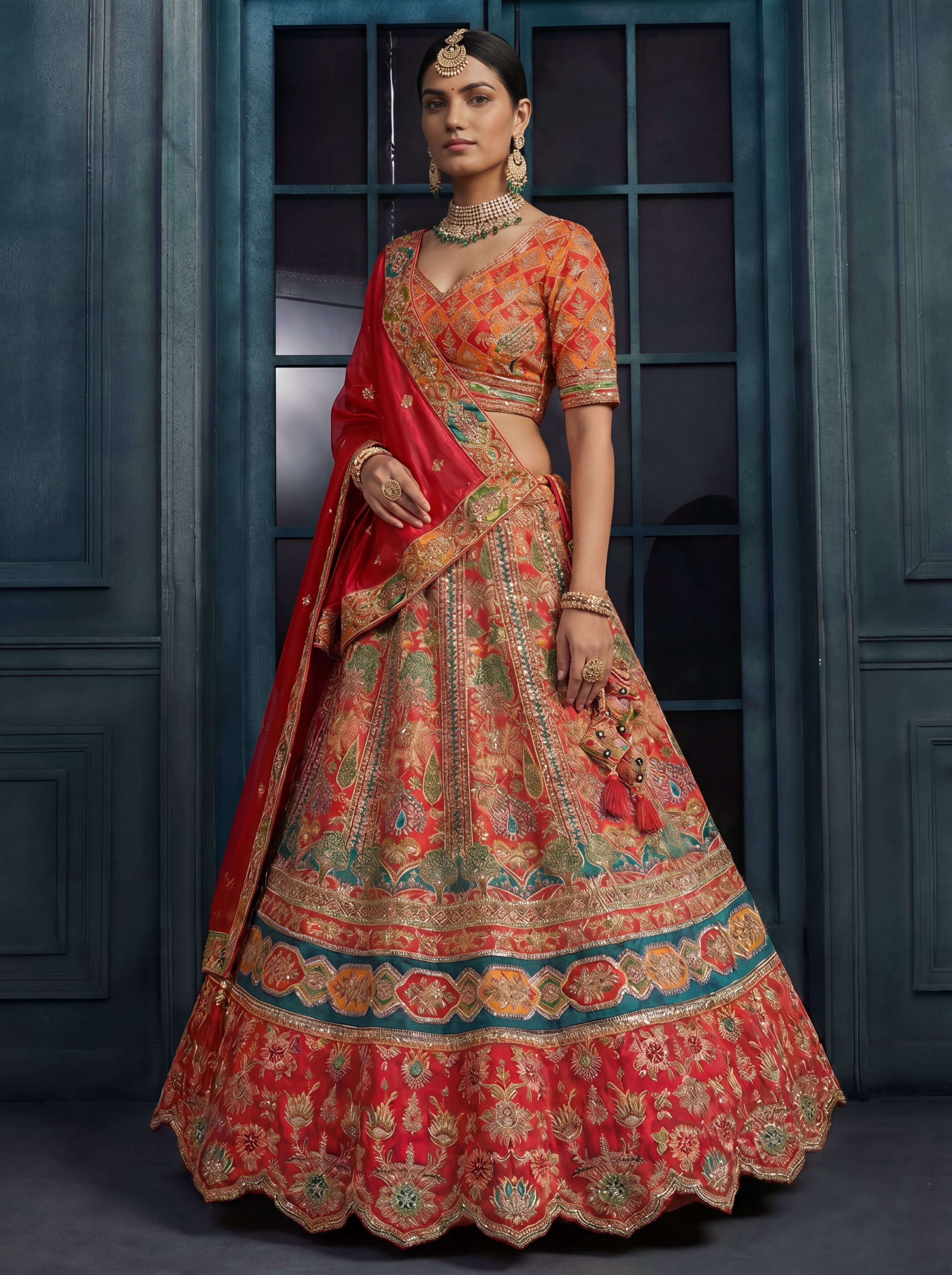 Crimson Red Viscose Sequins Mirror Bridal Lehenga Choli Set