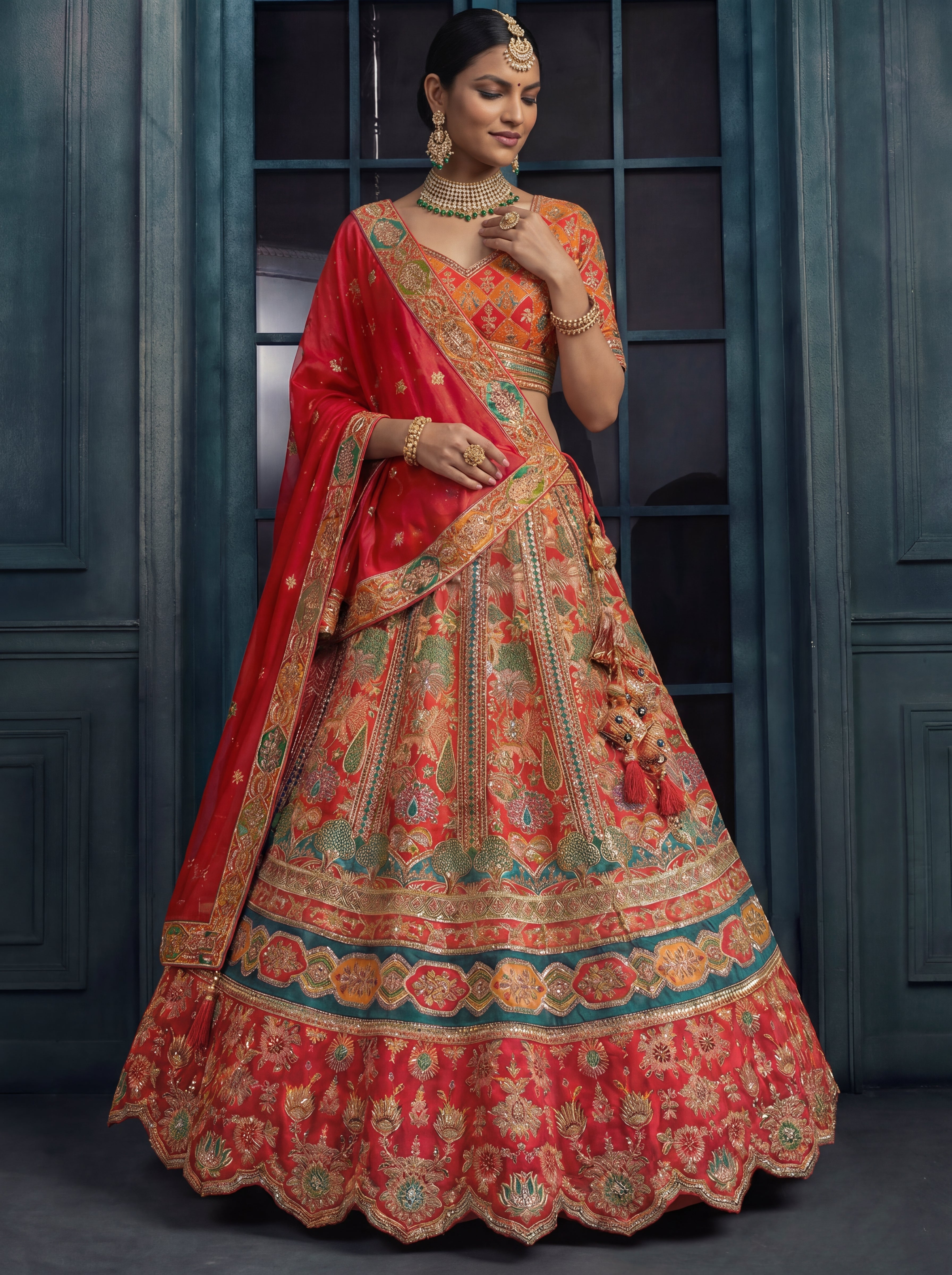 Crimson Red Viscose Sequins Mirror Bridal Lehenga Choli Set