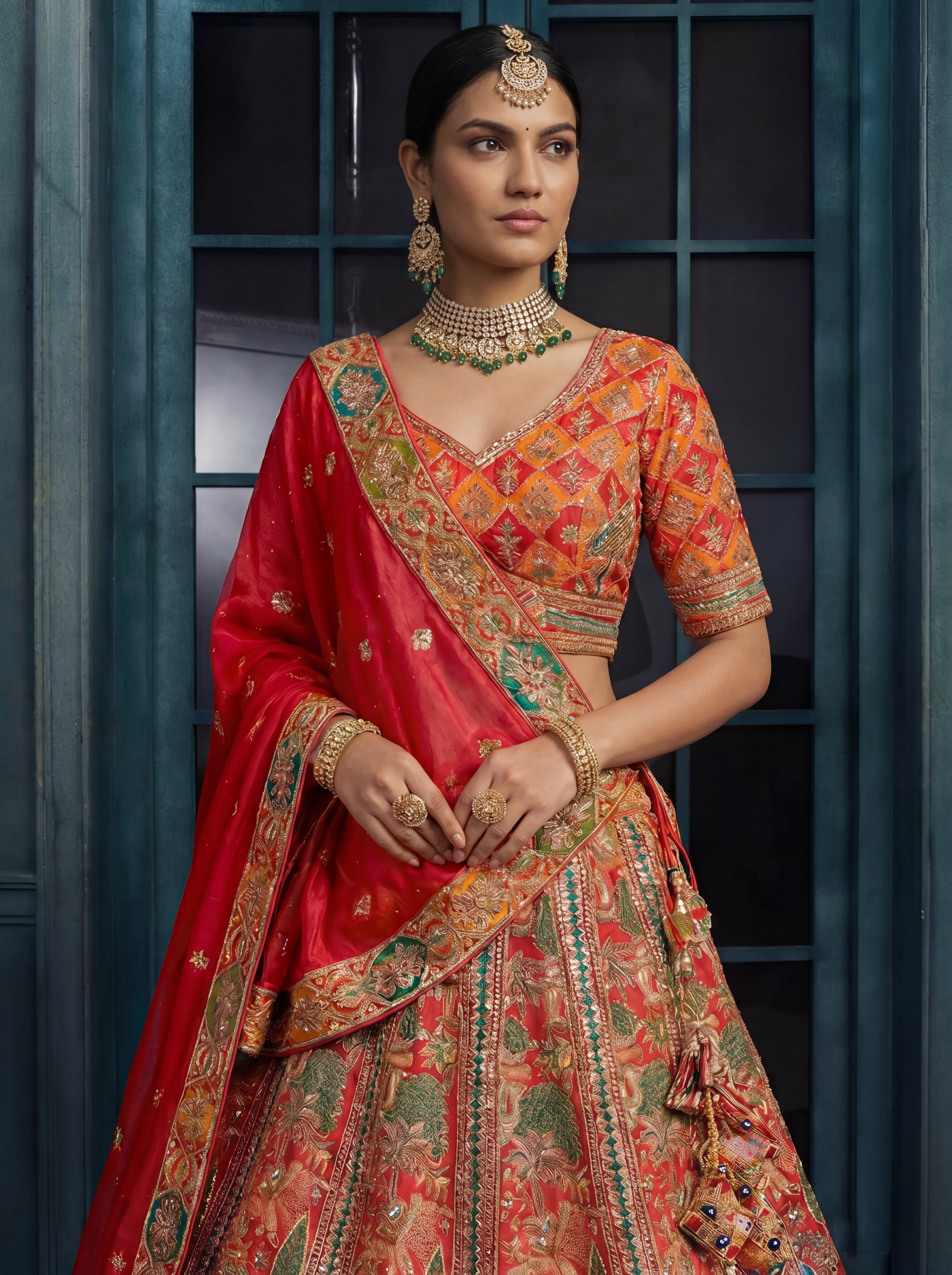 Crimson Red Viscose Sequins Mirror Bridal Lehenga Choli Set