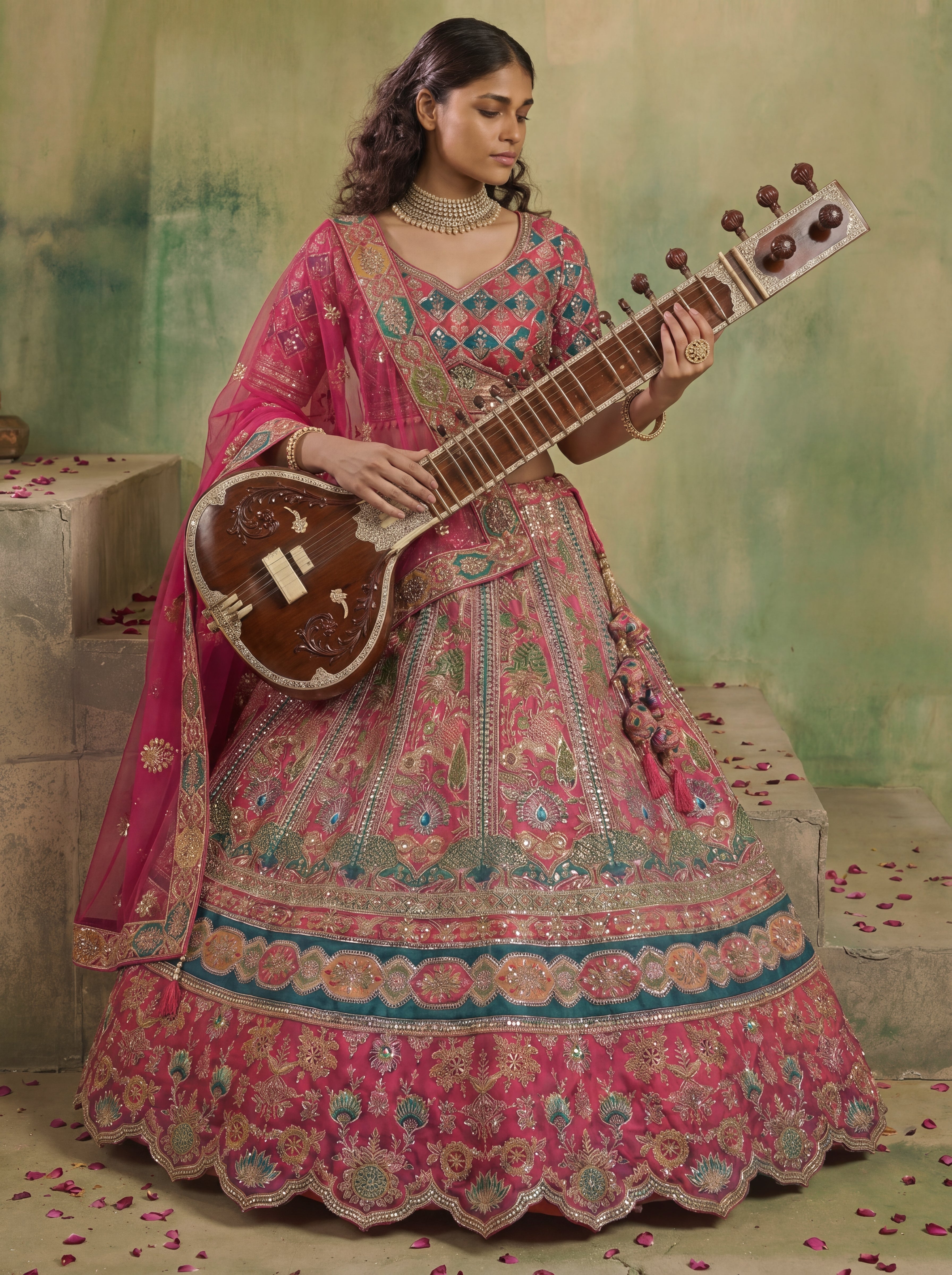 Raspberry Pink Viscose Mirror Sequins Bridal Lehenga Choli Set