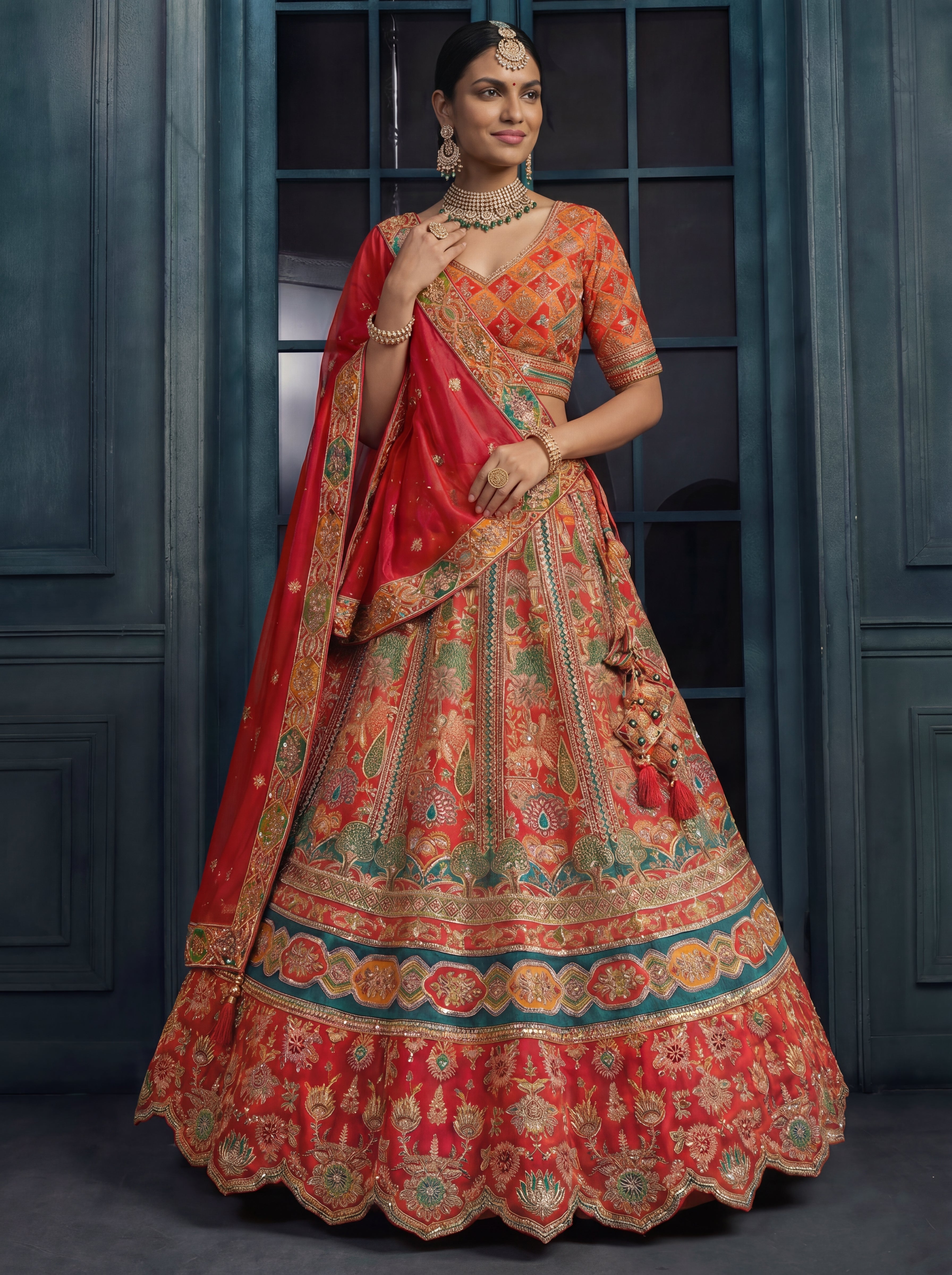 Crimson Red Viscose Sequins Mirror Bridal Lehenga Choli Set