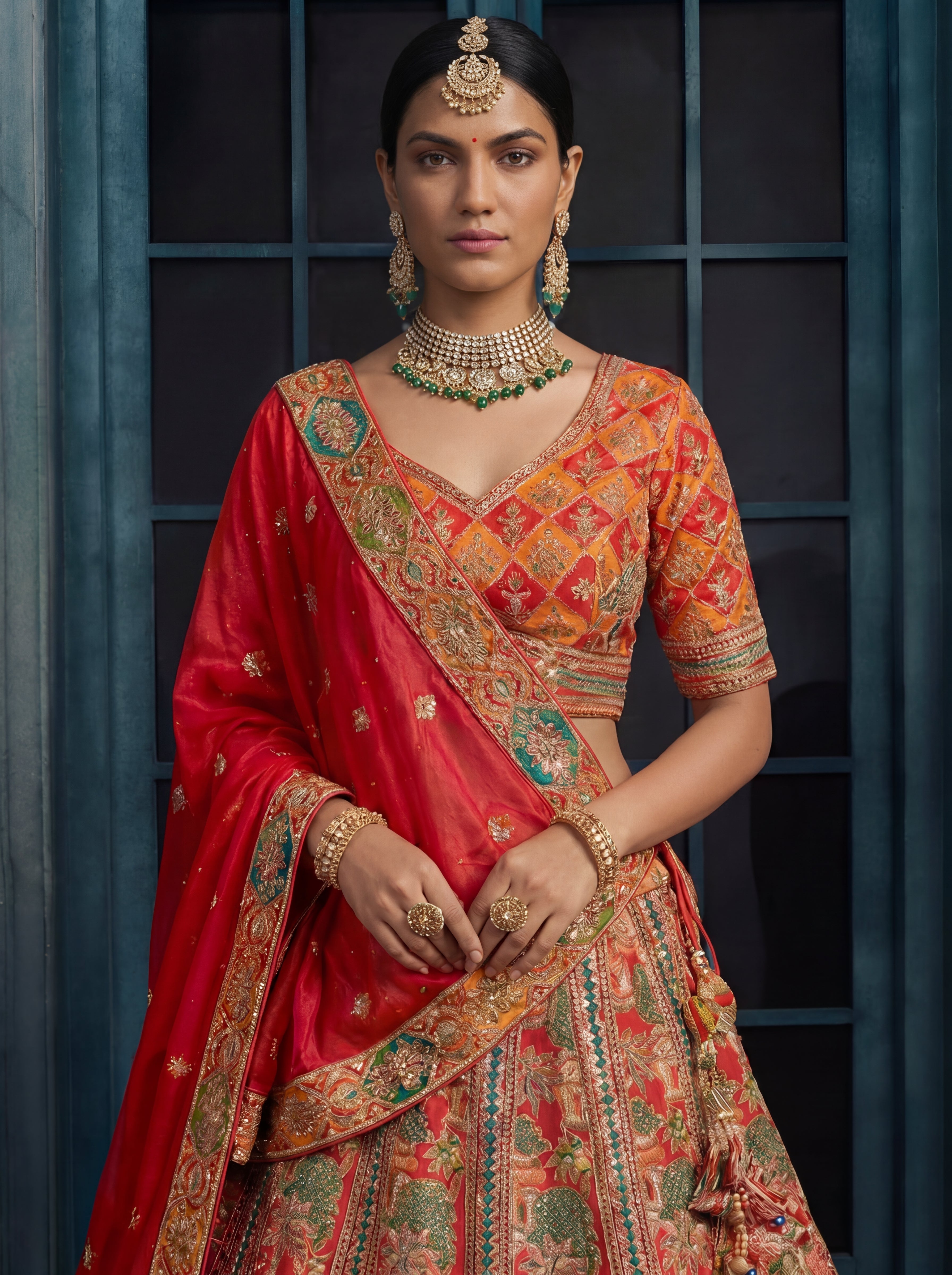 Crimson Red Viscose Sequins Mirror Bridal Lehenga Choli Set