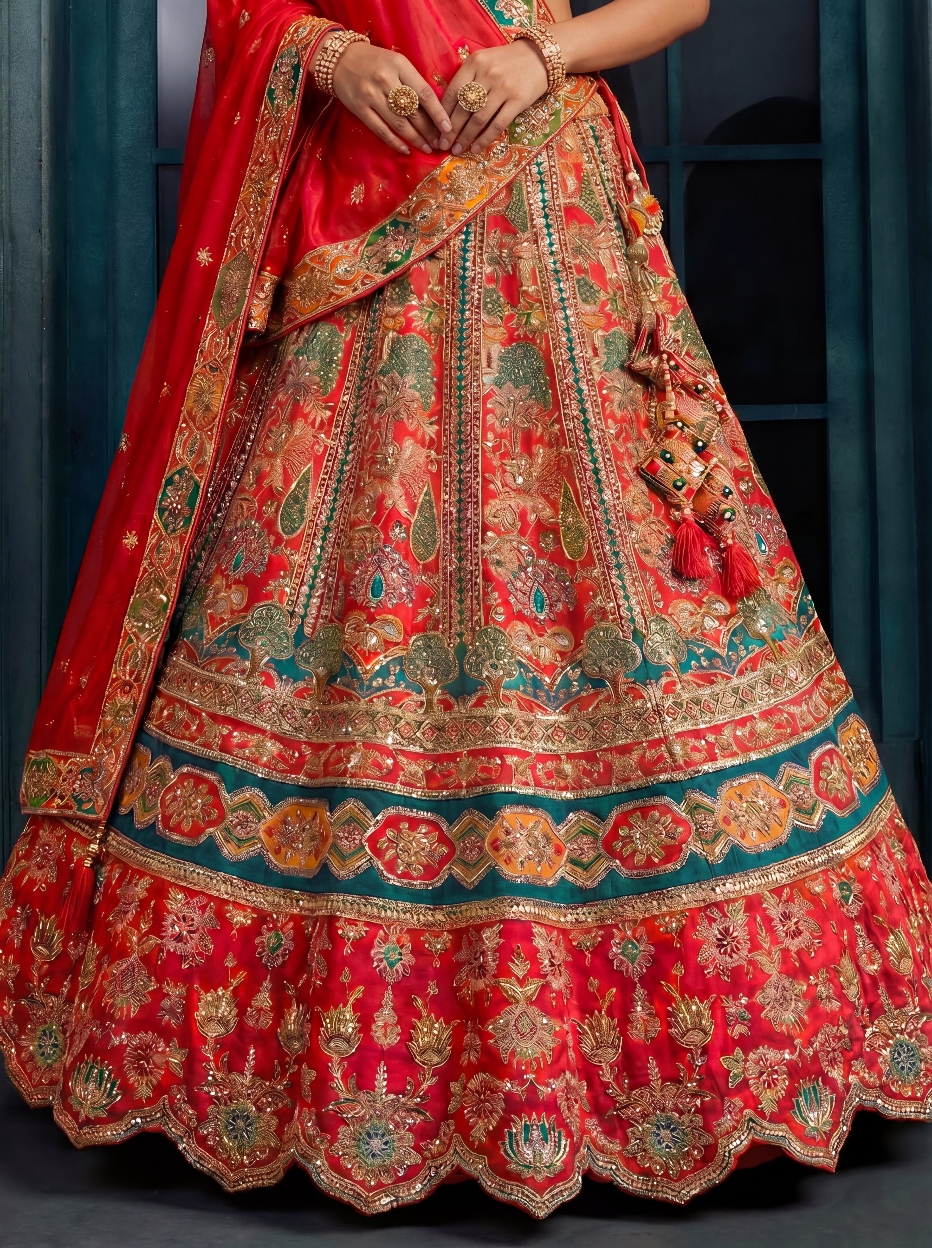 Crimson Red Viscose Sequins Mirror Bridal Lehenga Choli Set
