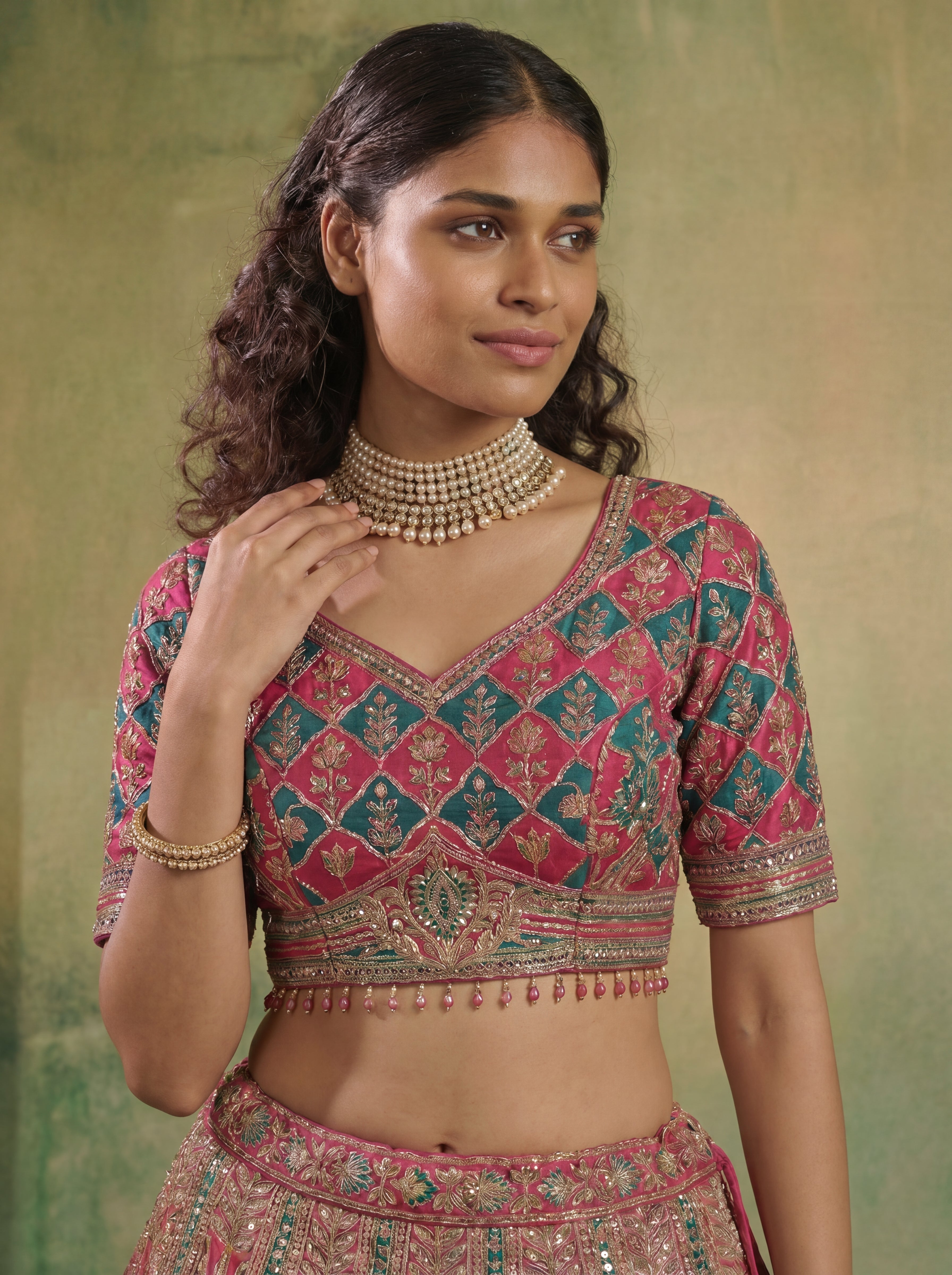 Raspberry Pink Viscose Mirror Sequins Bridal Lehenga Choli Set