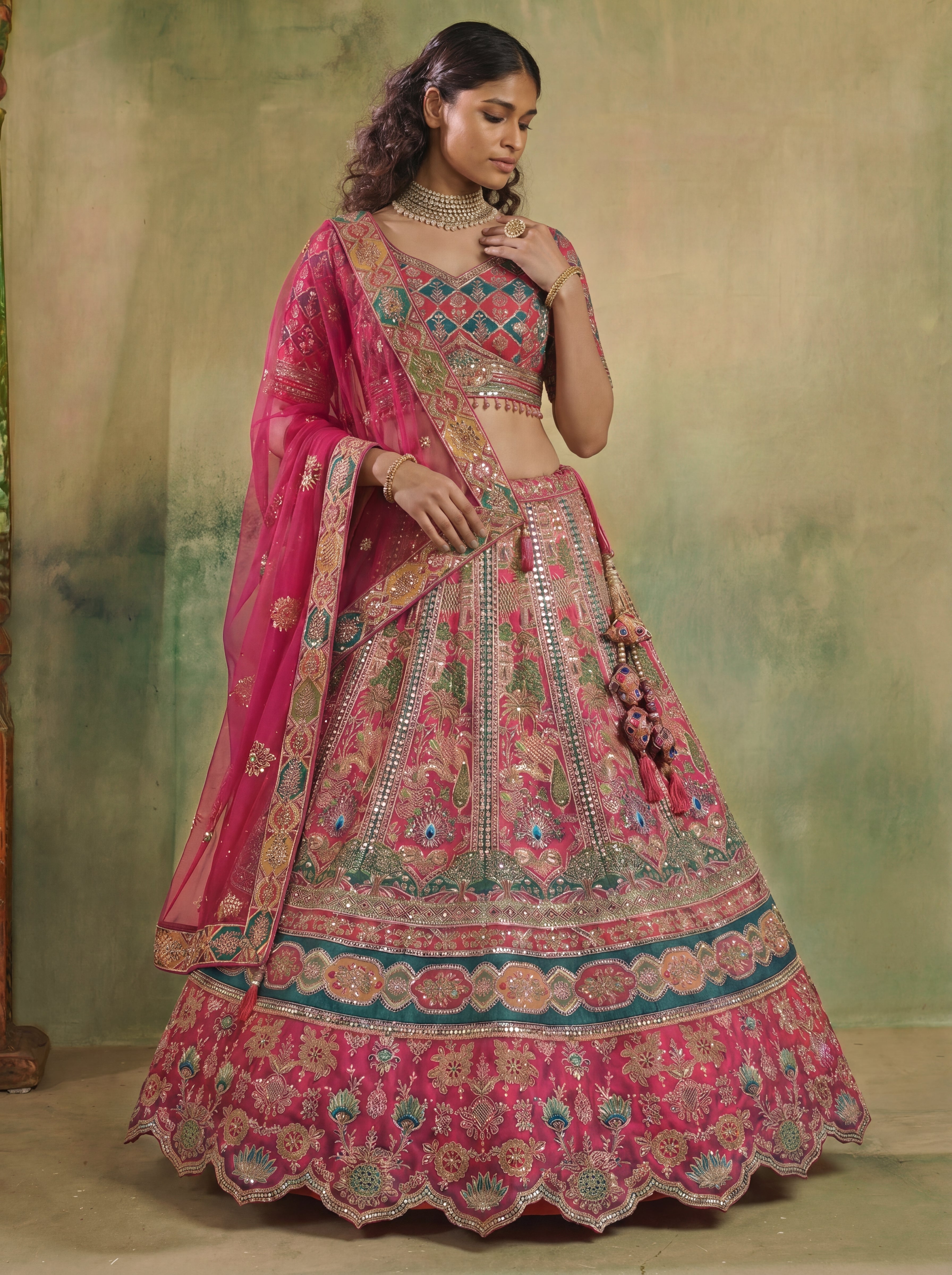 Raspberry Pink Viscose Mirror Sequins Bridal Lehenga Choli Set