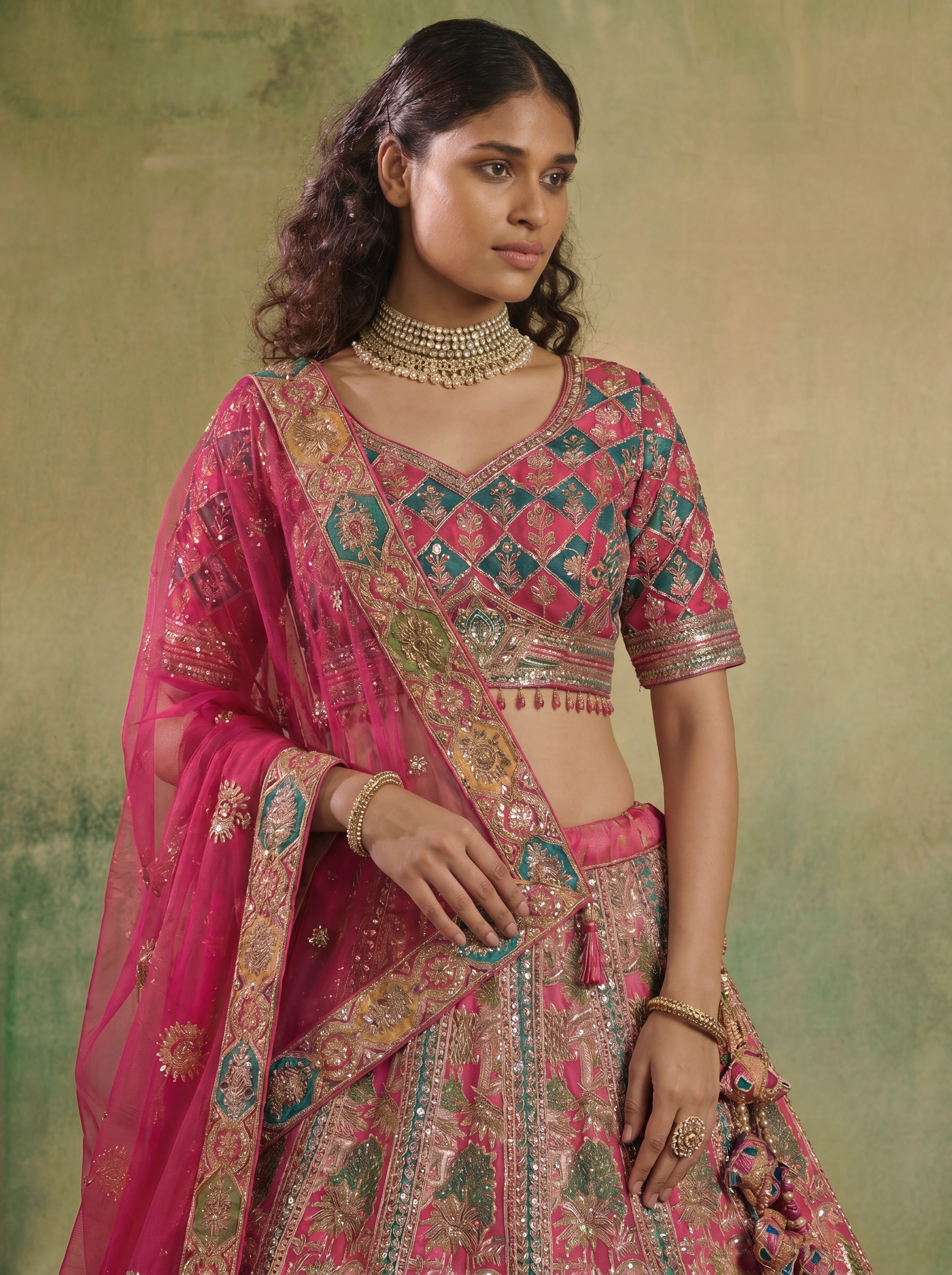 Raspberry Pink Viscose Mirror Sequins Bridal Lehenga Choli Set