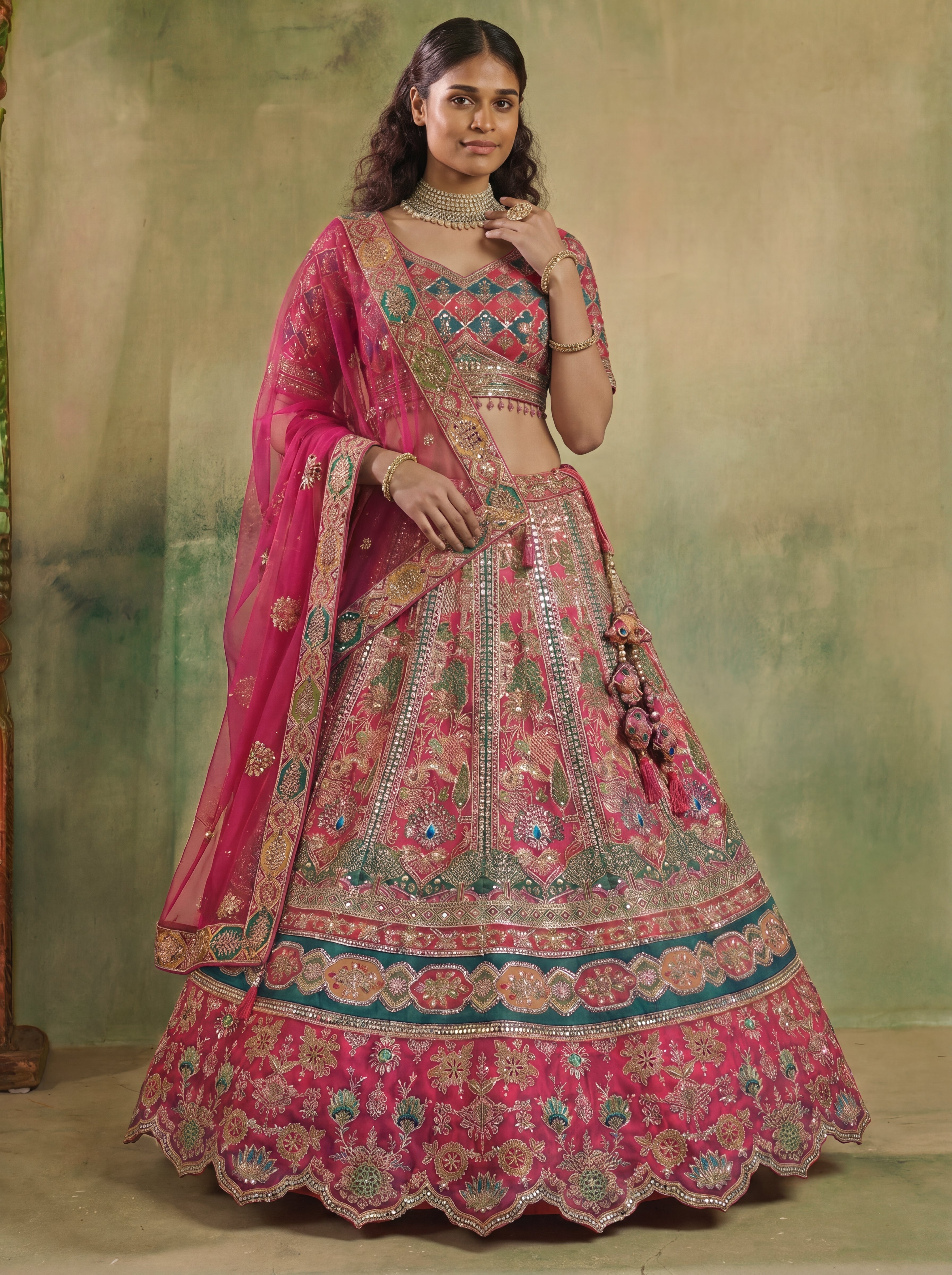 Raspberry Pink Viscose Mirror Sequins Bridal Lehenga Choli Set