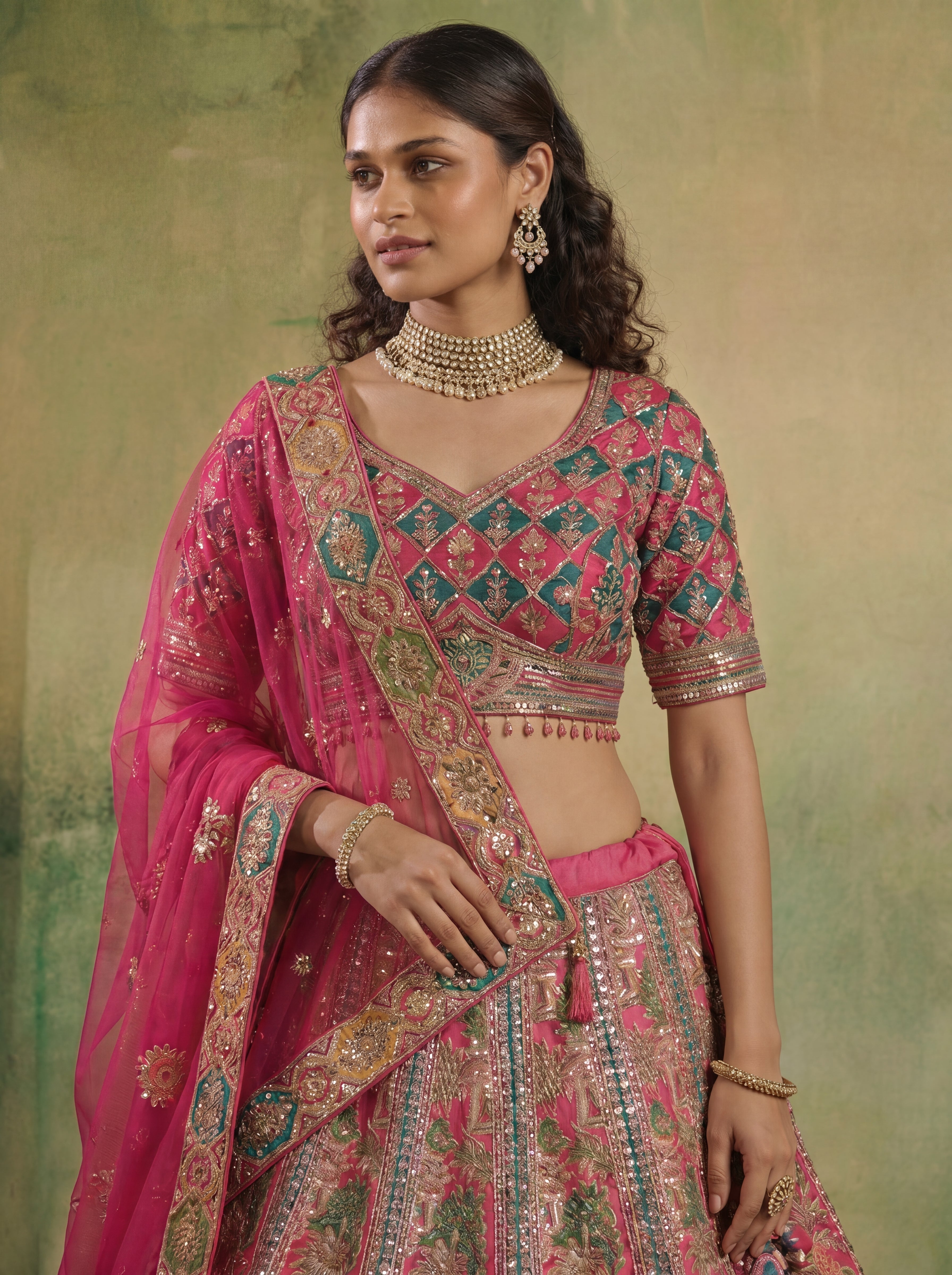 Raspberry Pink Viscose Mirror Sequins Bridal Lehenga Choli Set