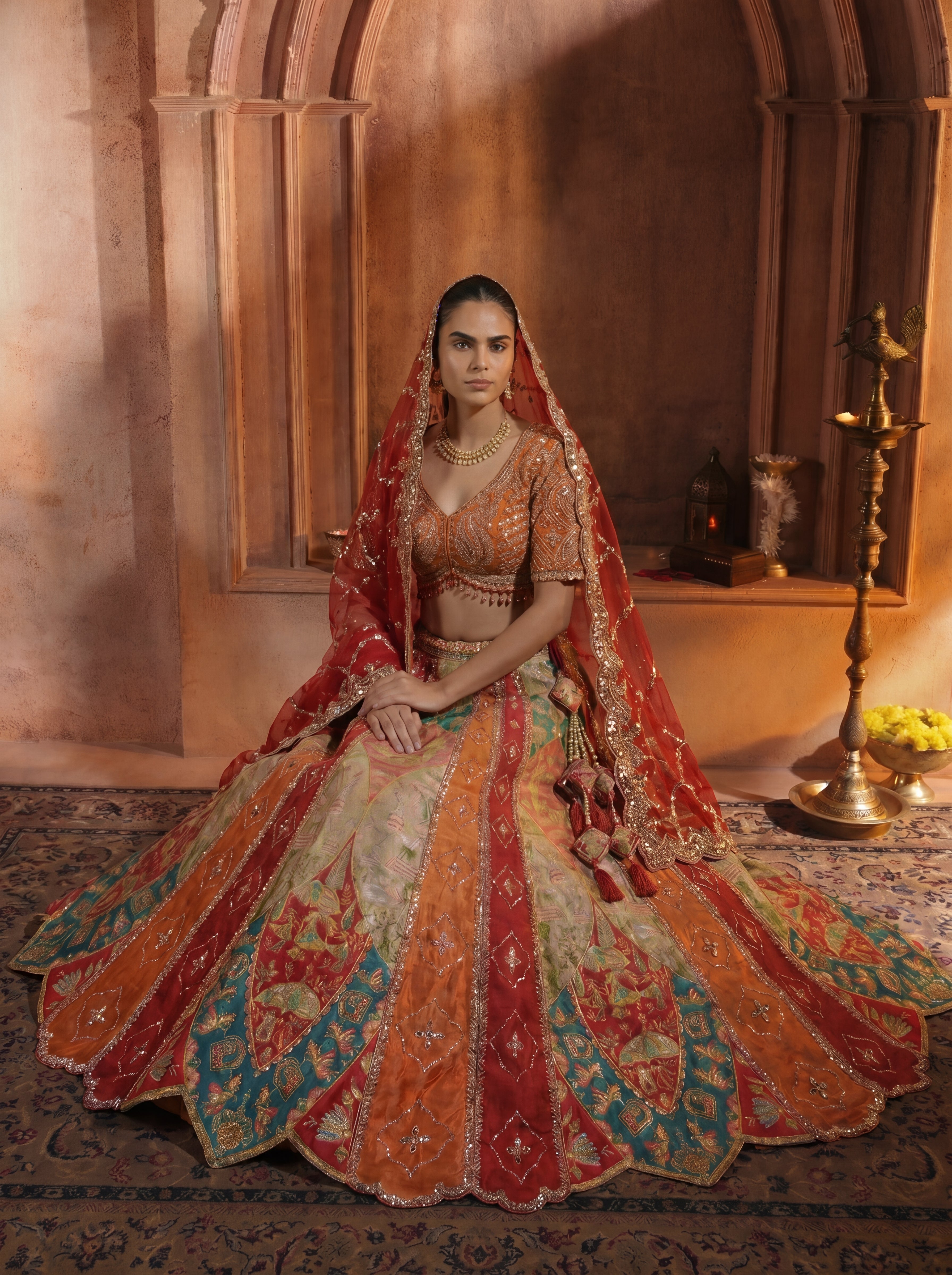 Multicolor Viscose Position Printed Mirror Work Bridal Lehenga Choli