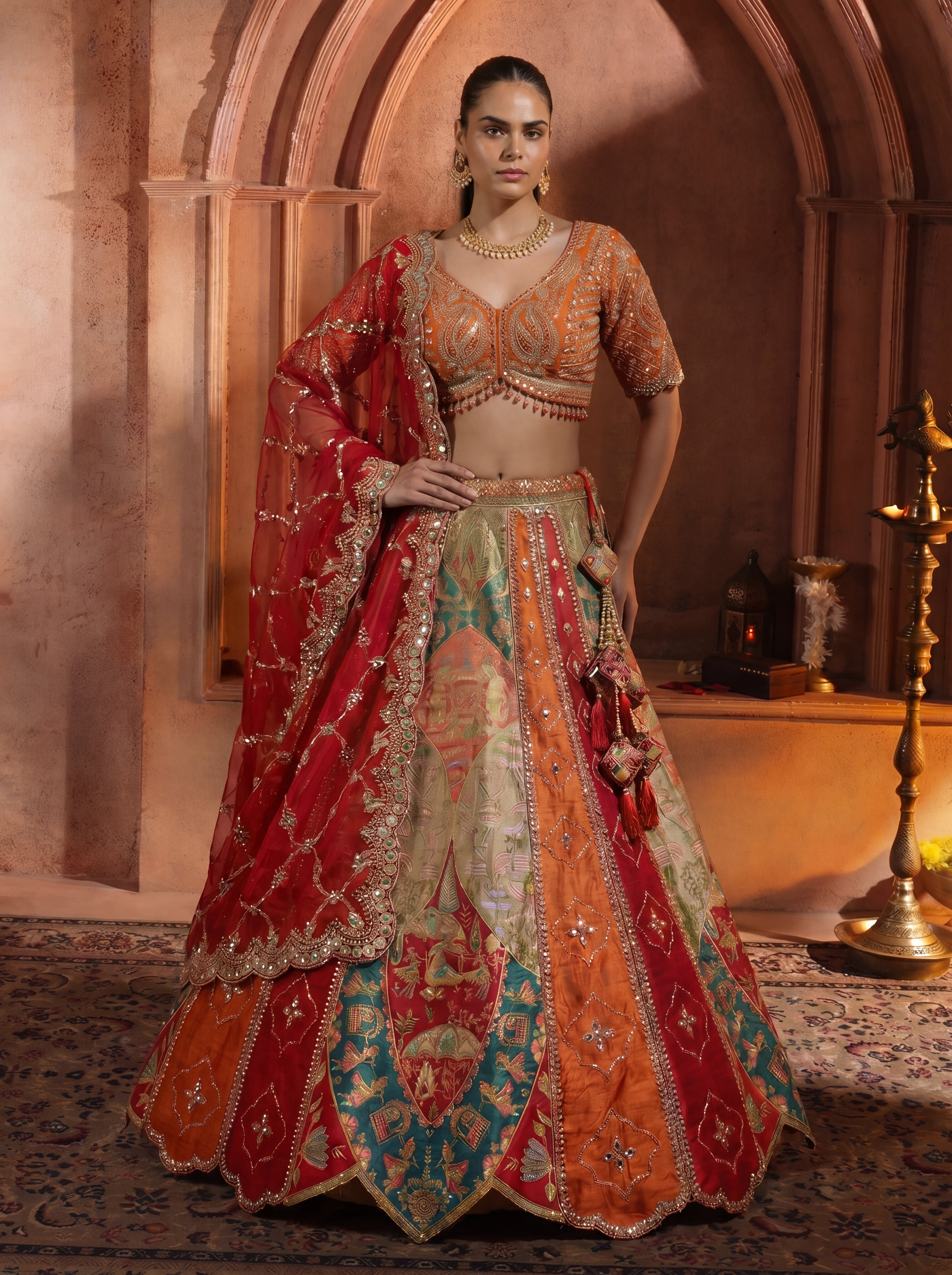 Multicolor Viscose Position Printed Mirror Work Bridal Lehenga Choli