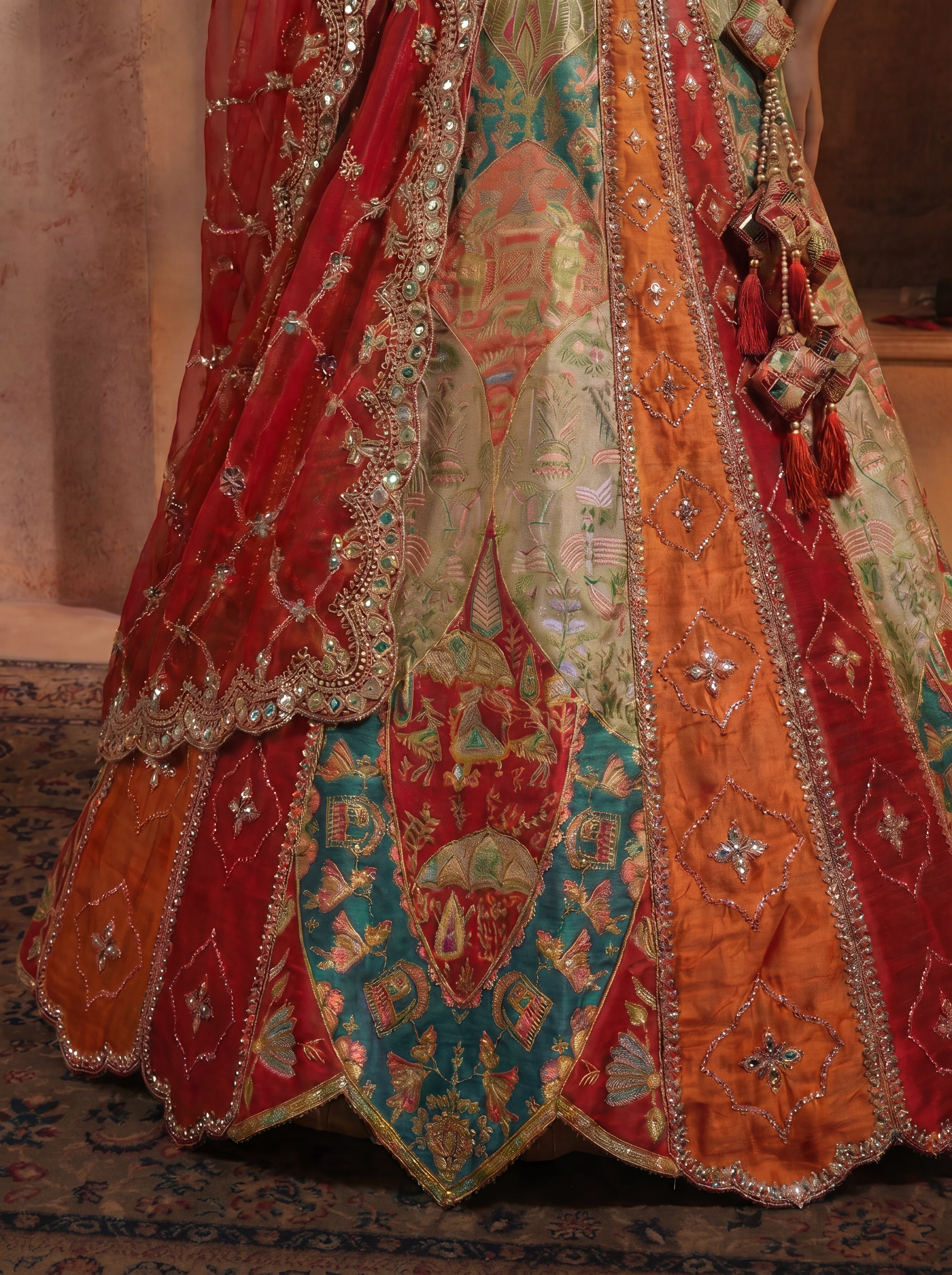 Multicolor Viscose Position Printed Mirror Work Bridal Lehenga Choli