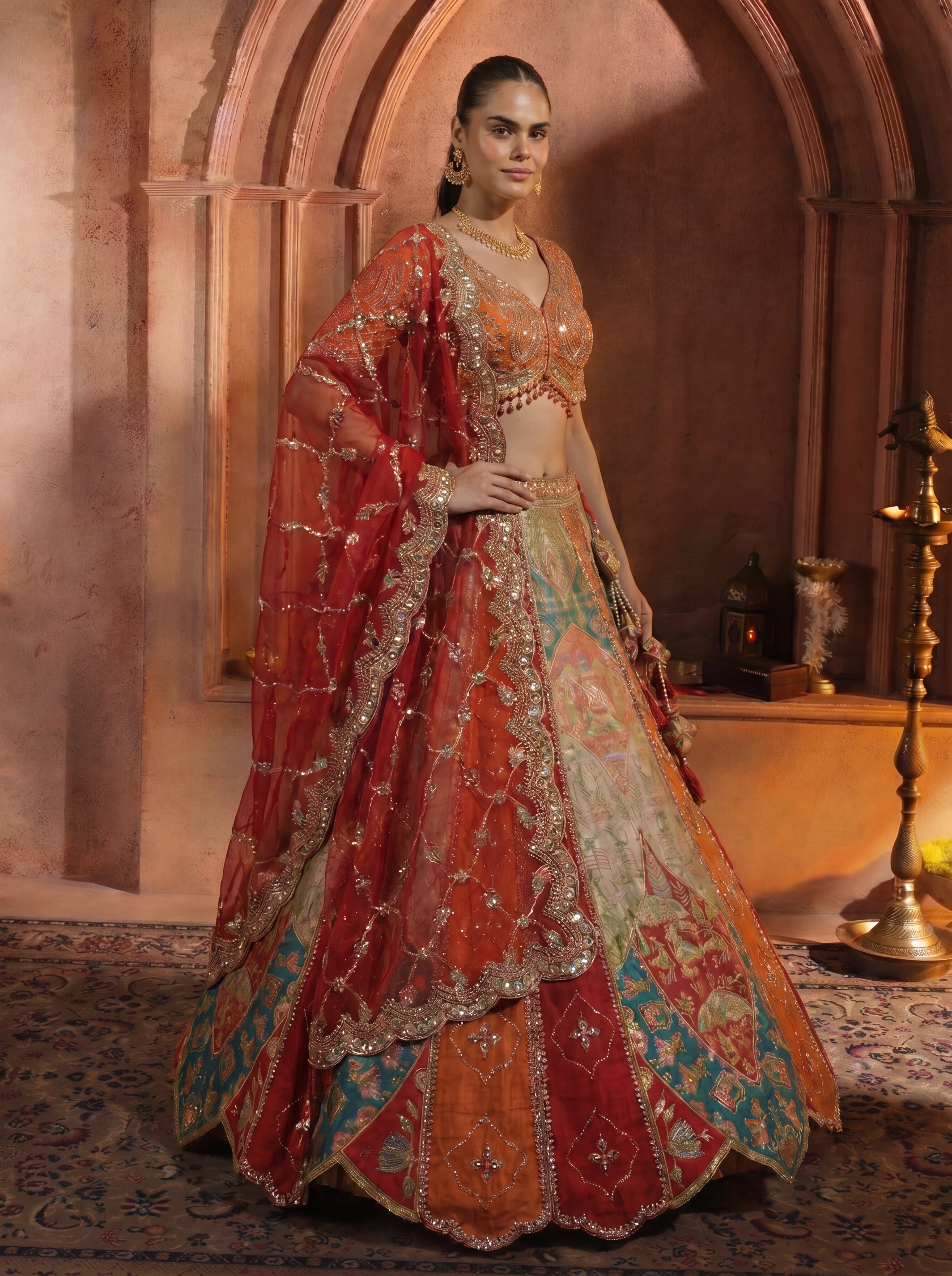 Multicolor Viscose Position Printed Mirror Work Bridal Lehenga Choli