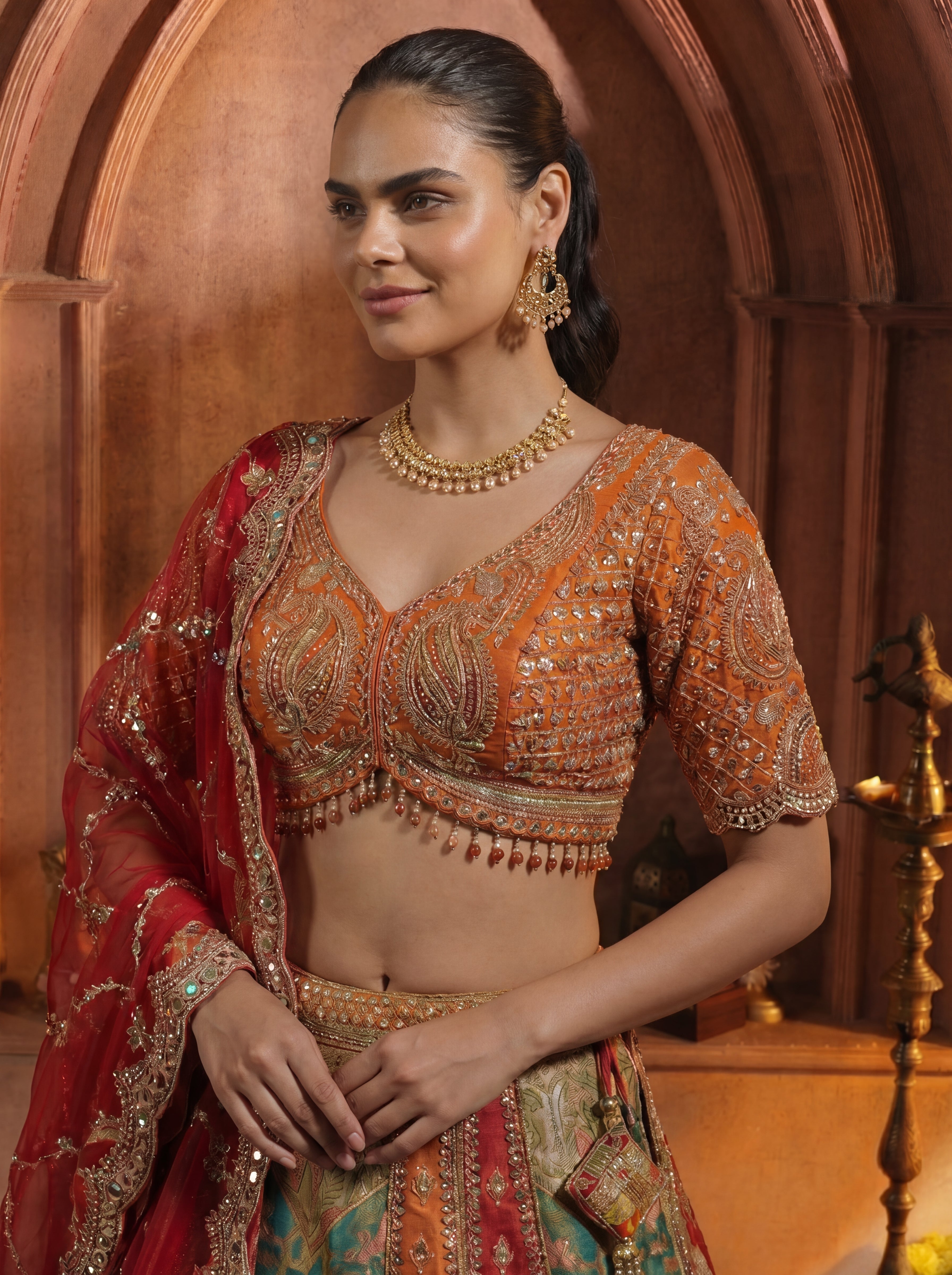 Multicolor Viscose Position Printed Mirror Work Bridal Lehenga Choli
