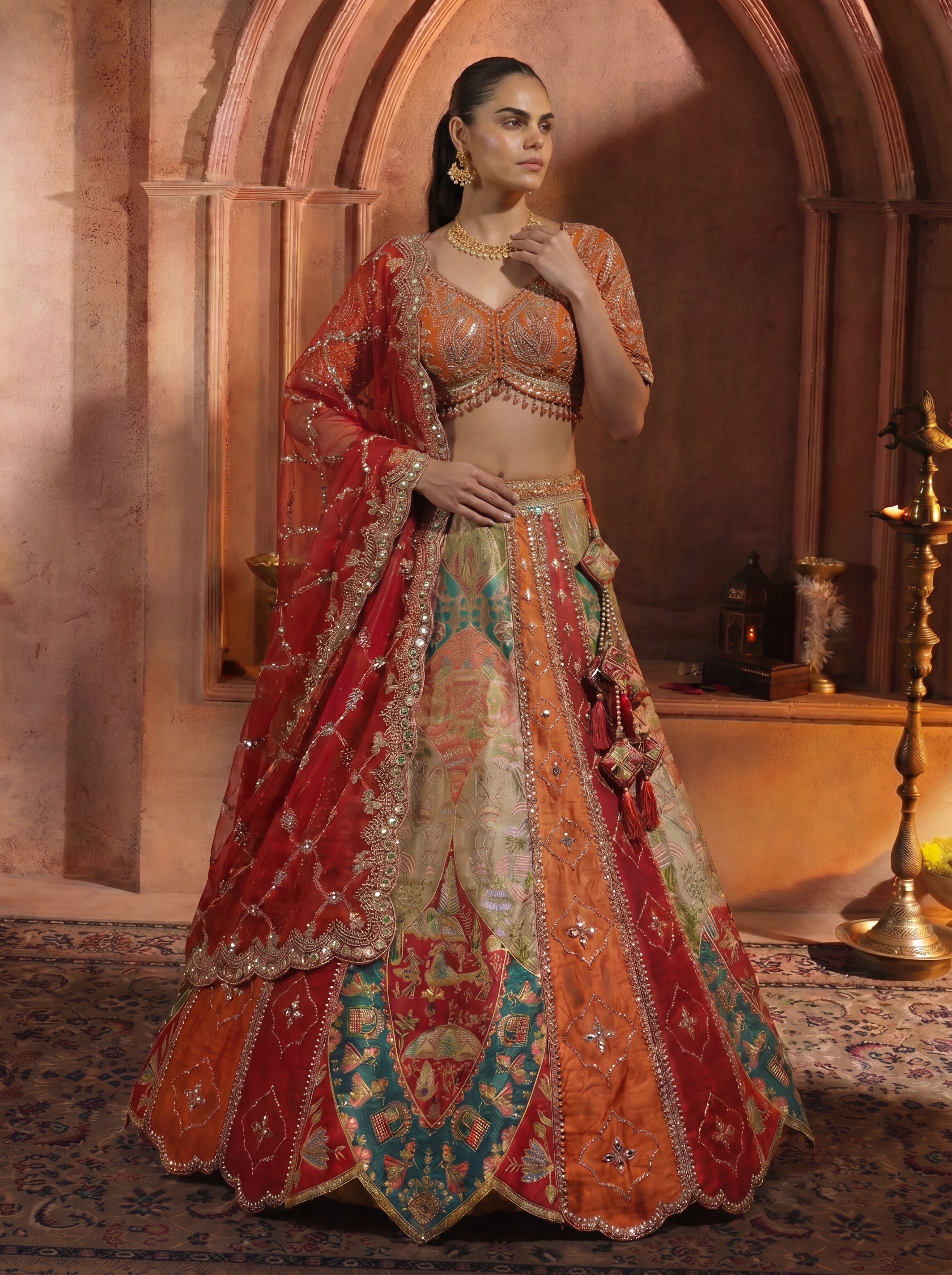 Multicolor Viscose Position Printed Mirror Work Bridal Lehenga Choli