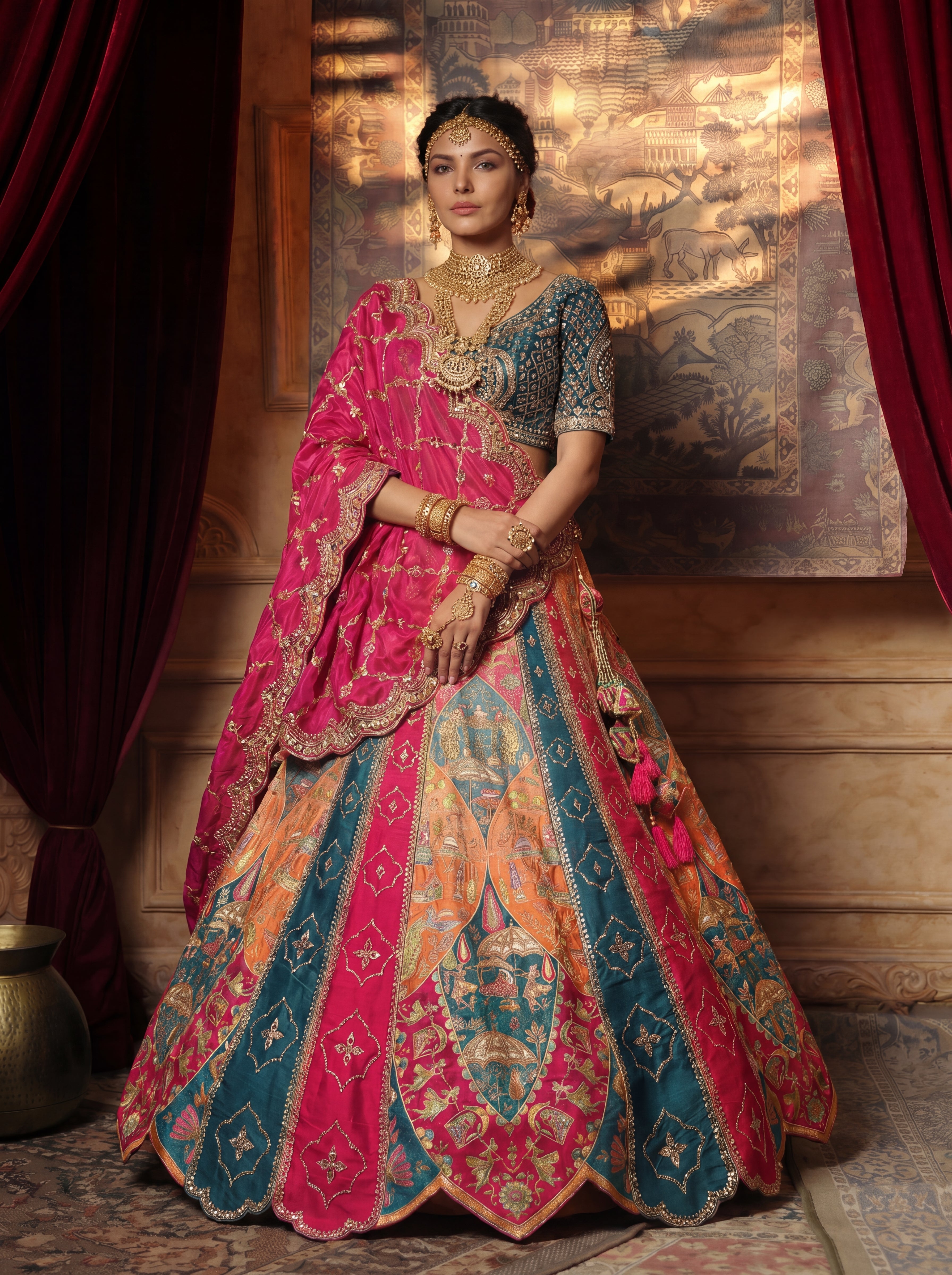 Multicolored Viscose Mirror Sequins Bridal Lehenga Choli Set