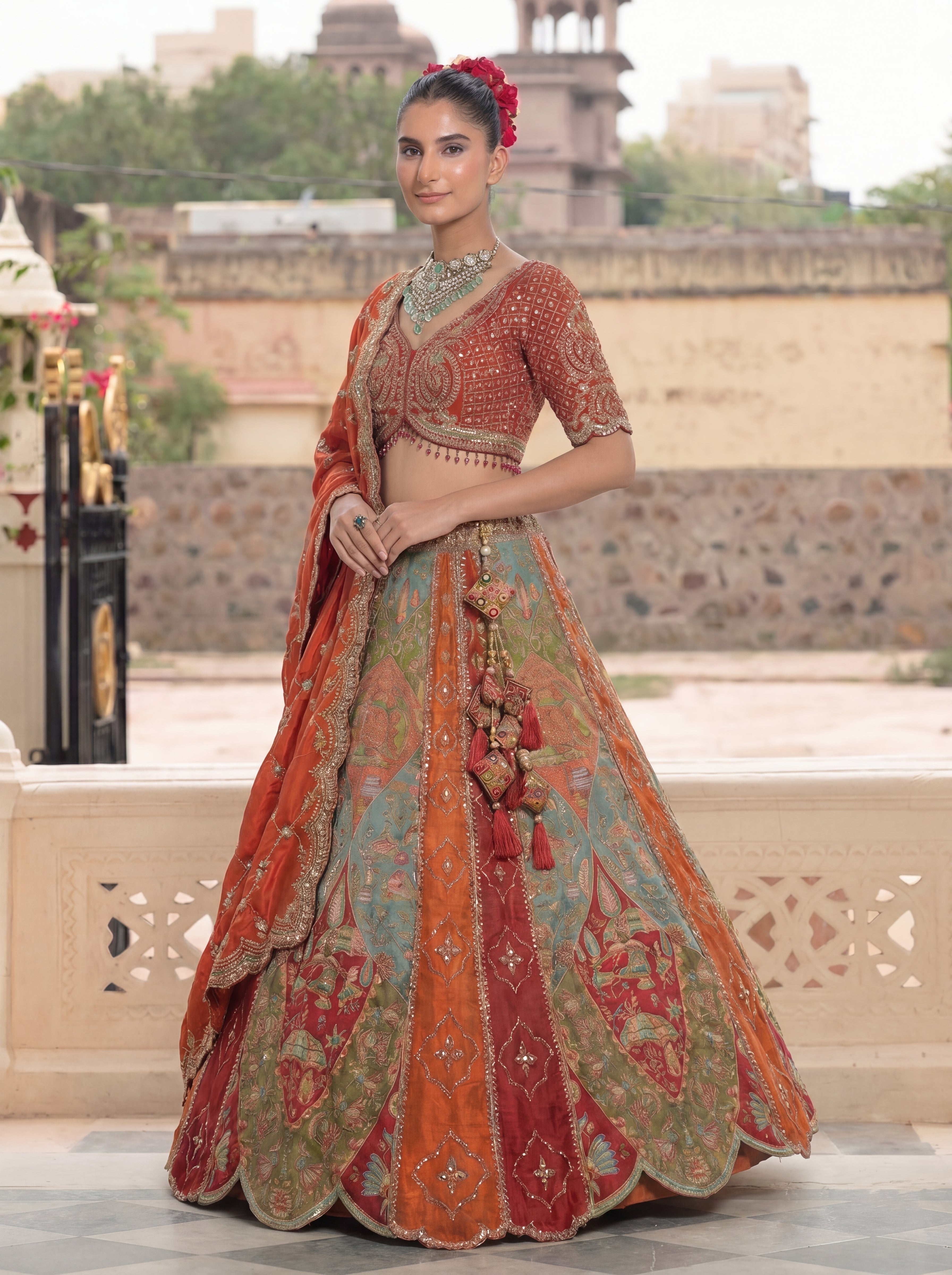 Multicolored Viscose Sequins Mirror Bridal Lehenga Choli Set
