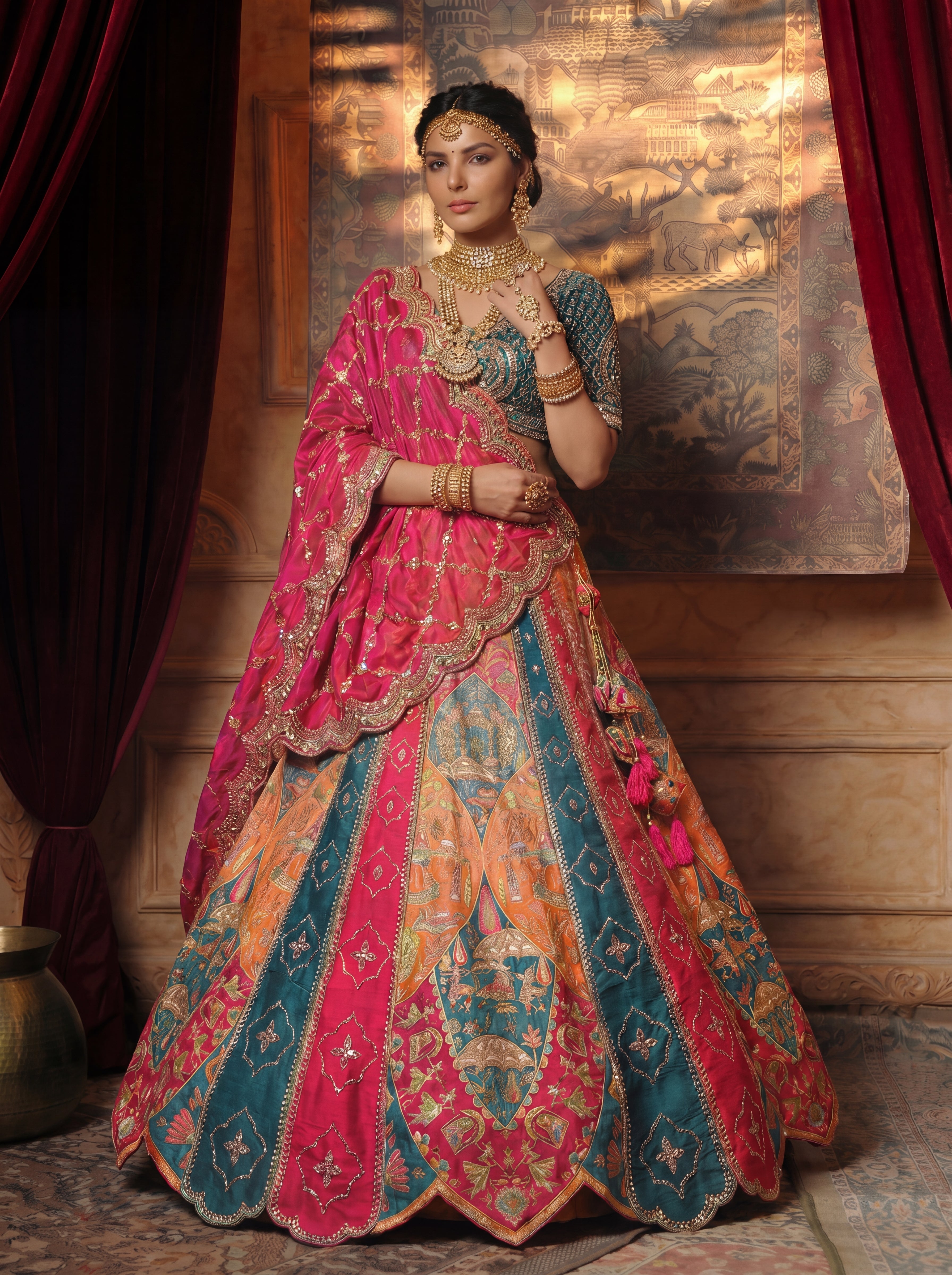 Multicolored Viscose Mirror Sequins Bridal Lehenga Choli Set