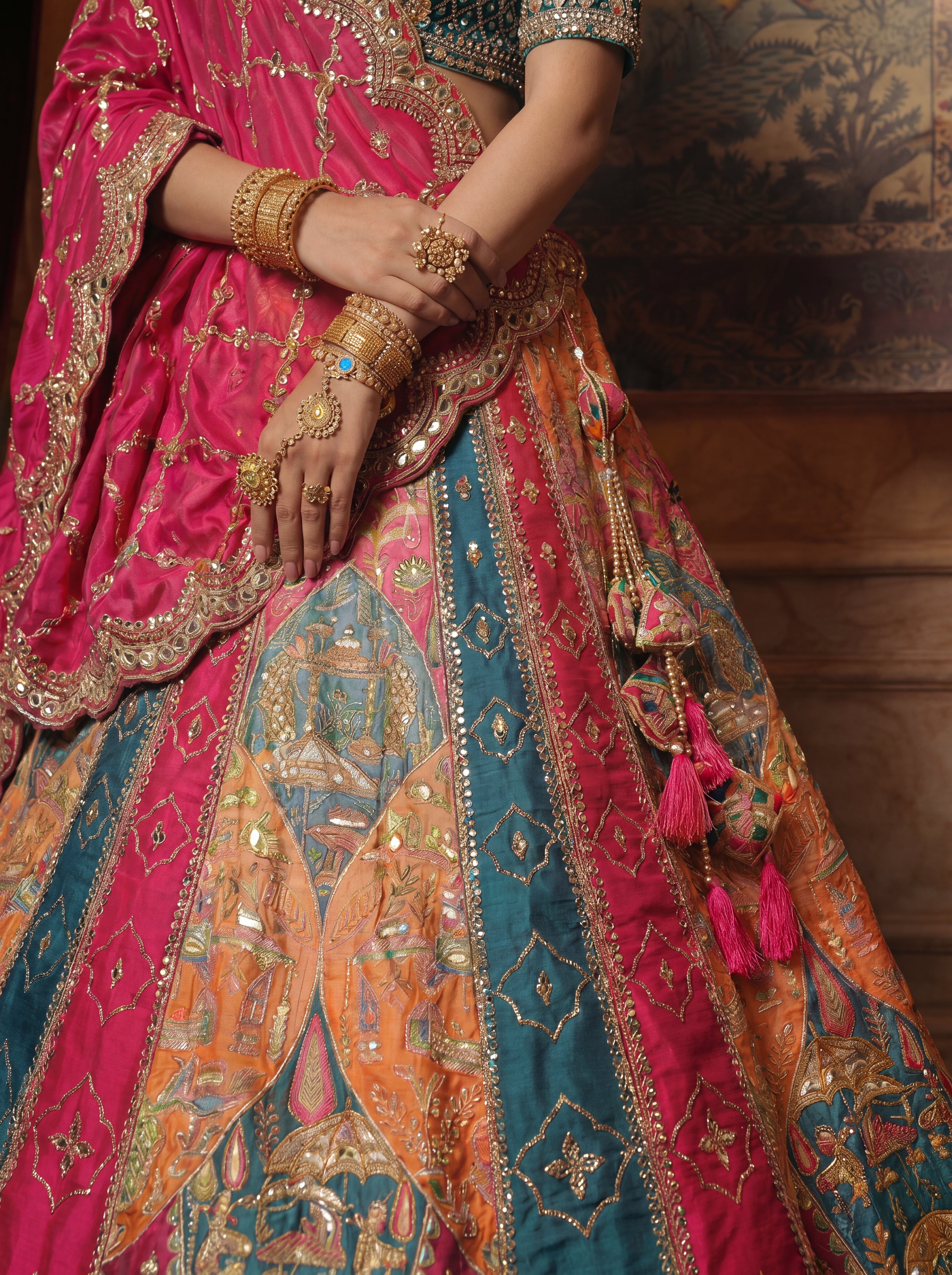 Multicolored Viscose Mirror Sequins Bridal Lehenga Choli Set