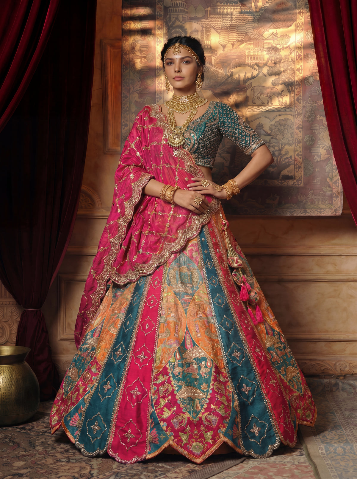 Multicolored Viscose Mirror Sequins Bridal Lehenga Choli Set