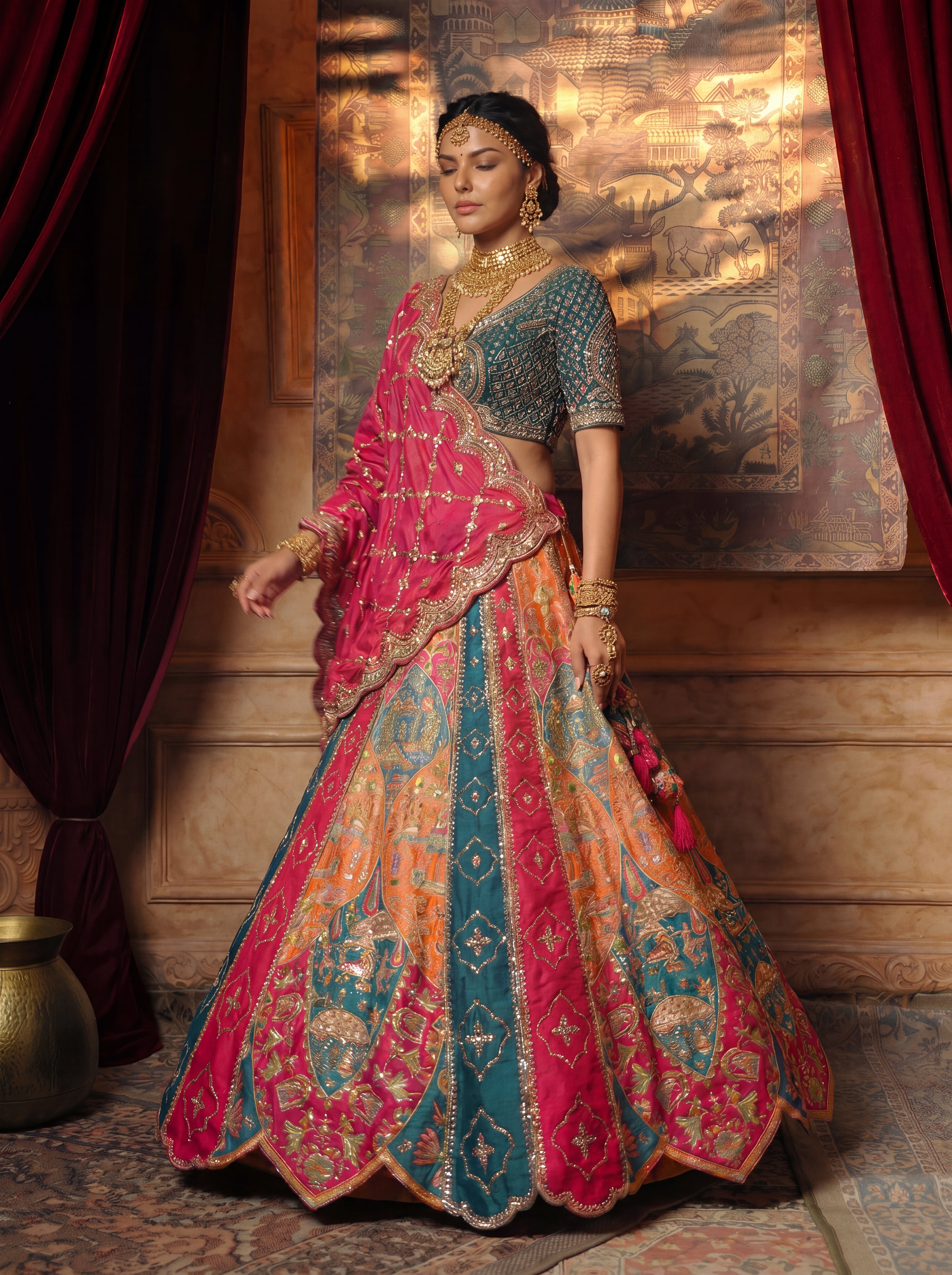 Multicolored Viscose Mirror Sequins Bridal Lehenga Choli Set