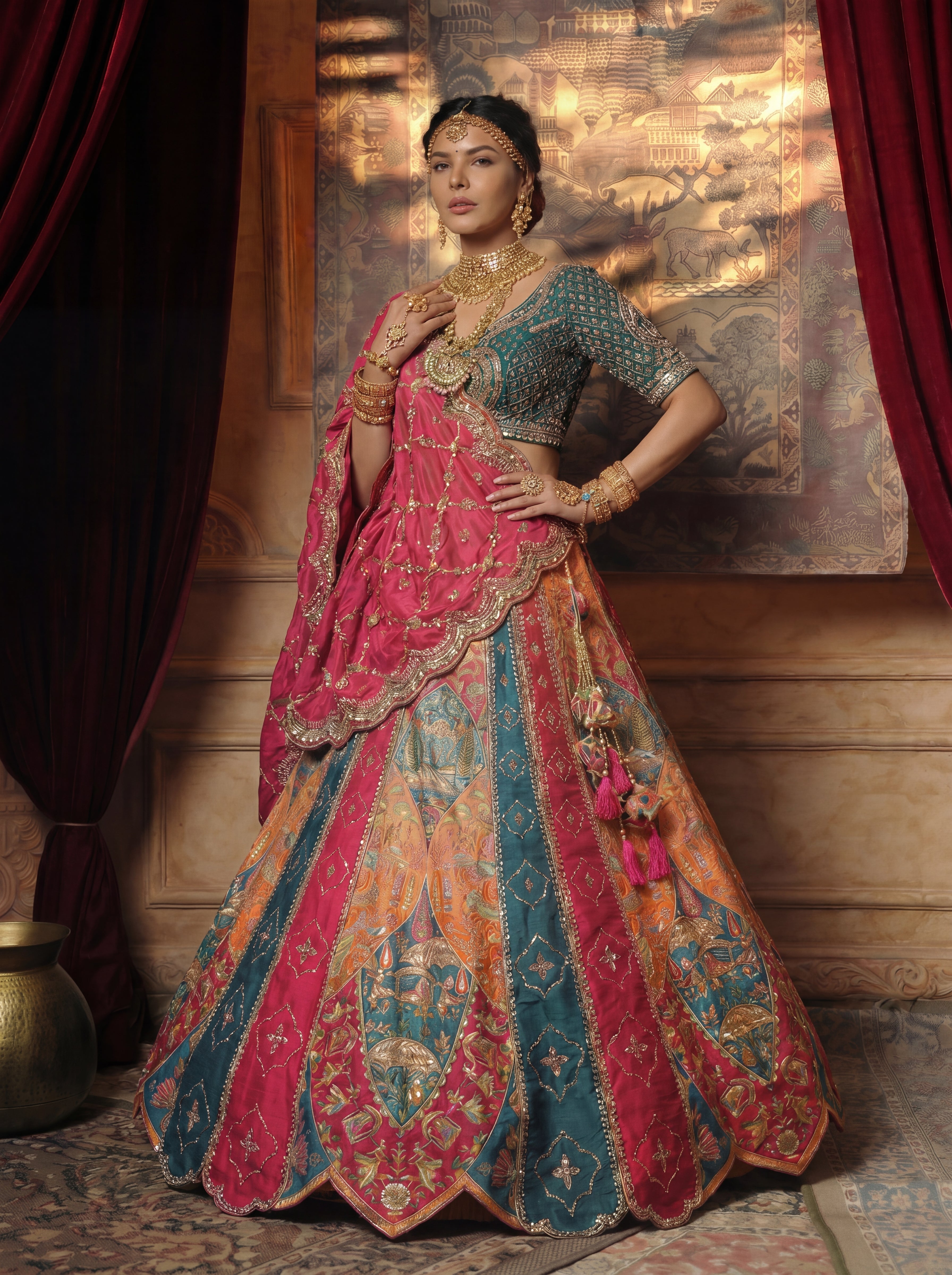 Multicolored Viscose Mirror Sequins Bridal Lehenga Choli Set