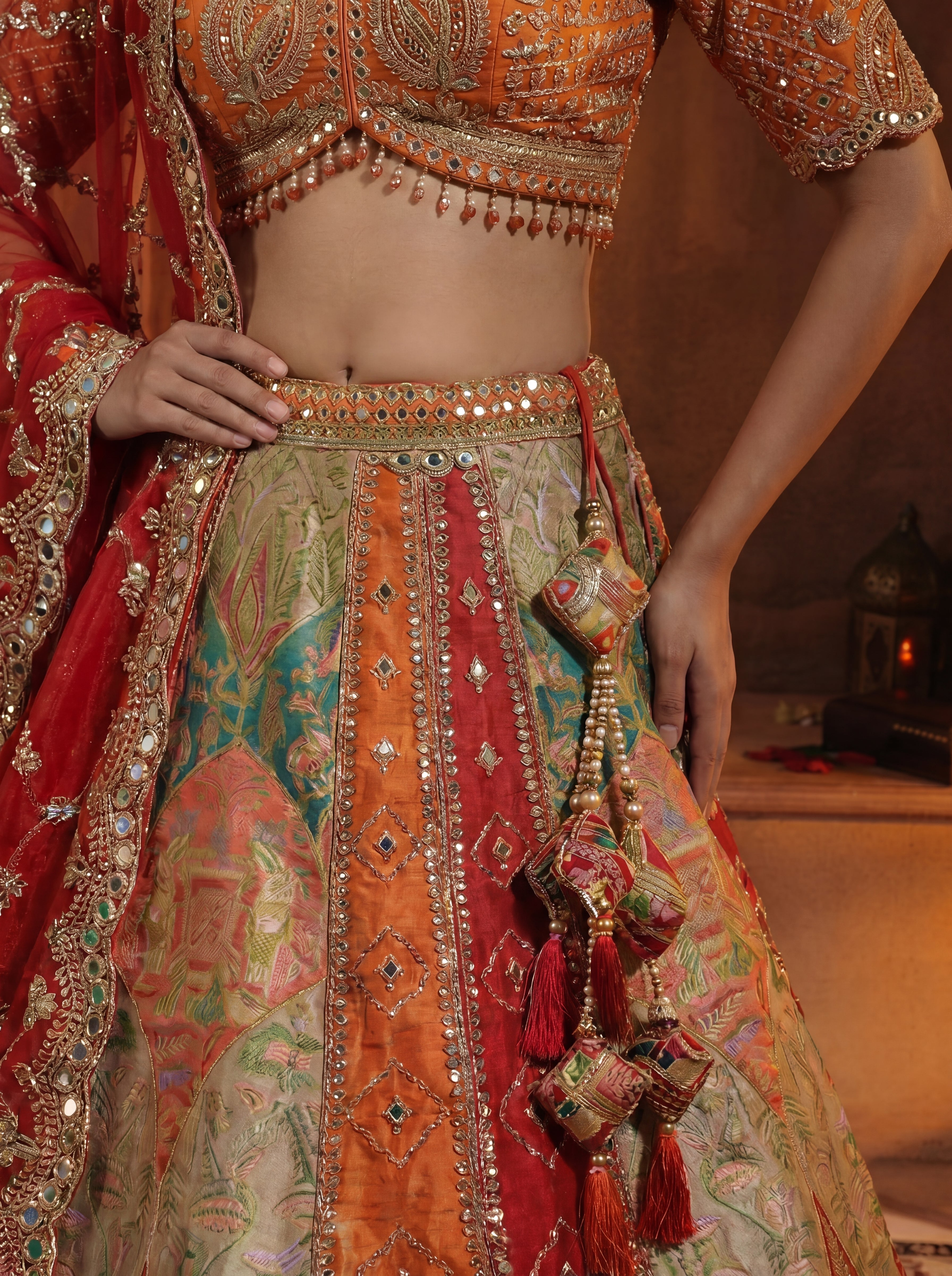 Multicolor Viscose Position Printed Mirror Work Bridal Lehenga Choli