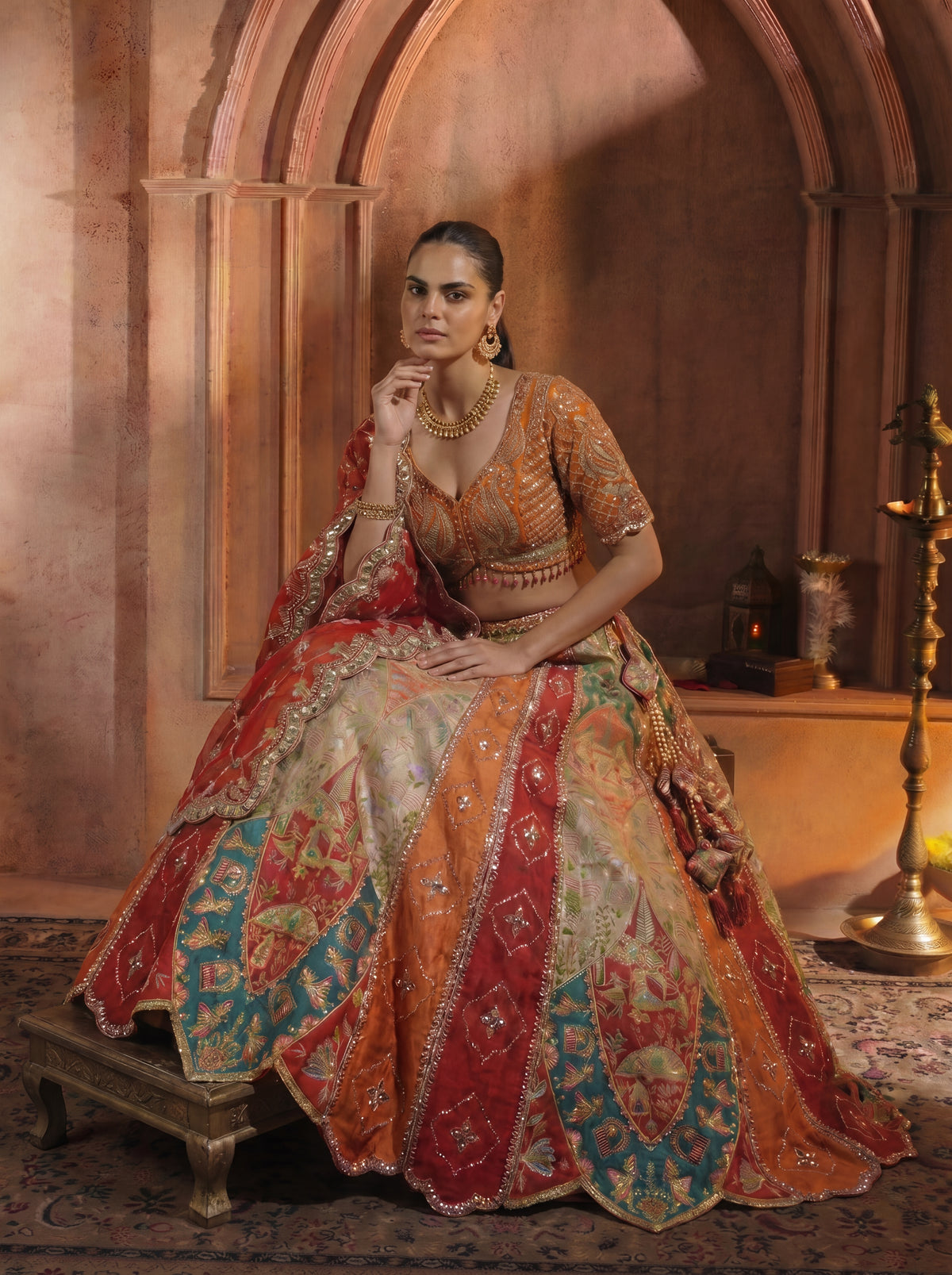 Multicolor Viscose Position Printed Mirror Work Bridal Lehenga Choli