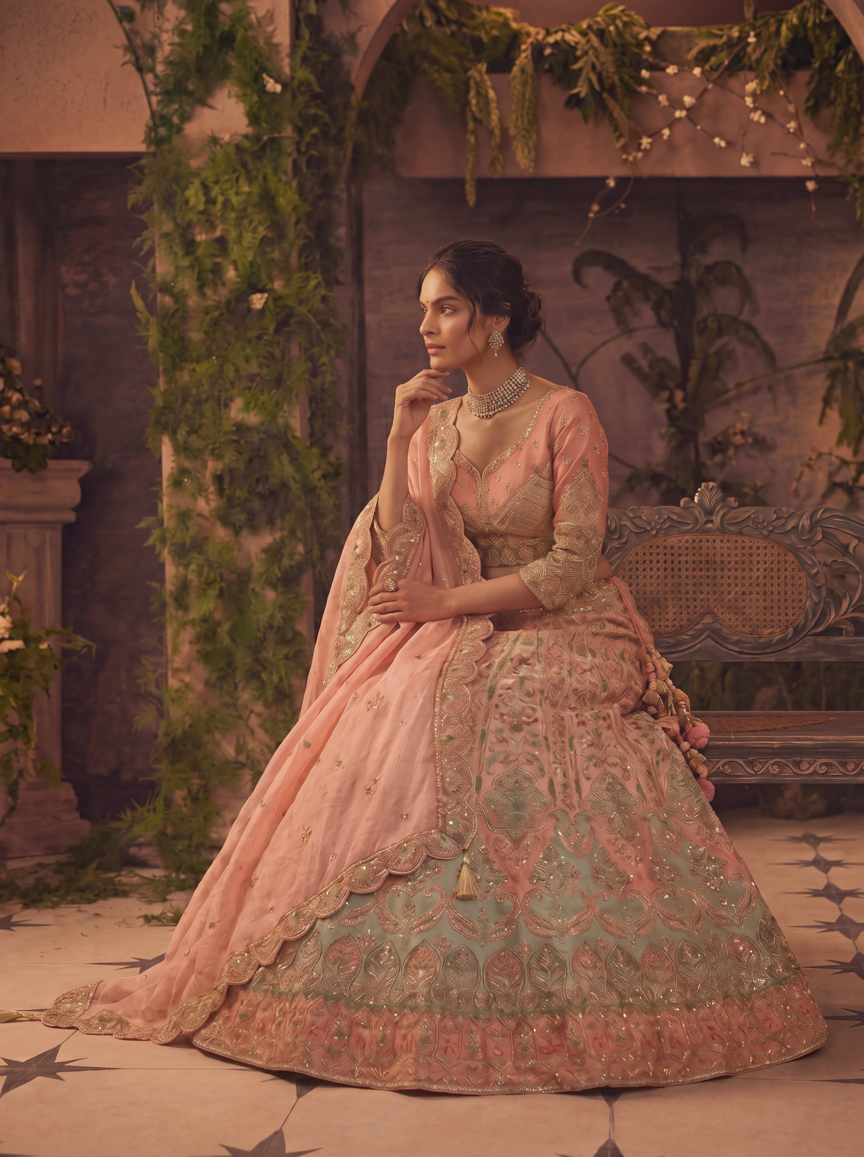 Coral Peach Viscose Floral Sequins Bridal Lehenga Choli Set
