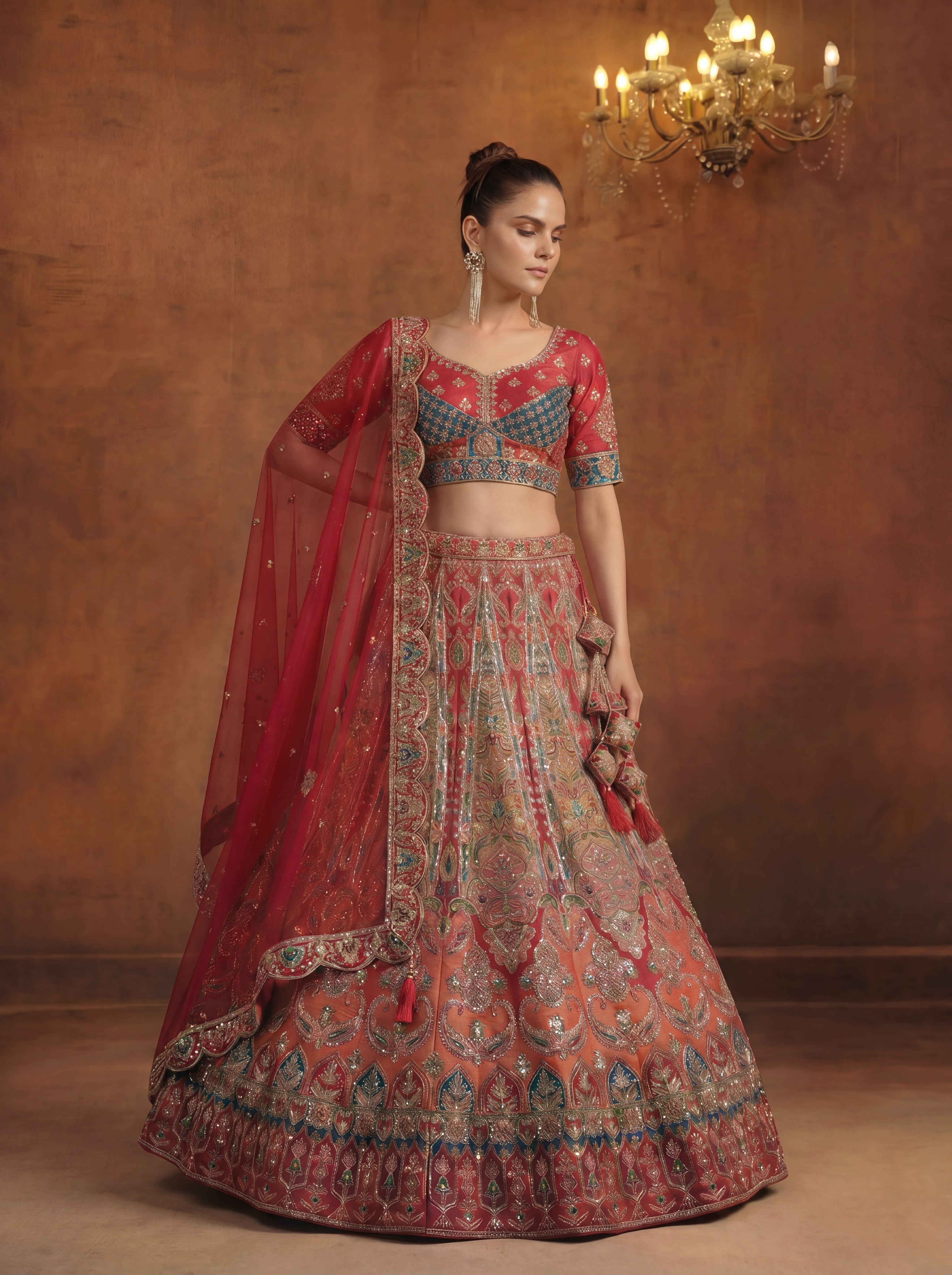 Coral Pink Viscose Sequins Mirror Bridal Lehenga Choli Set