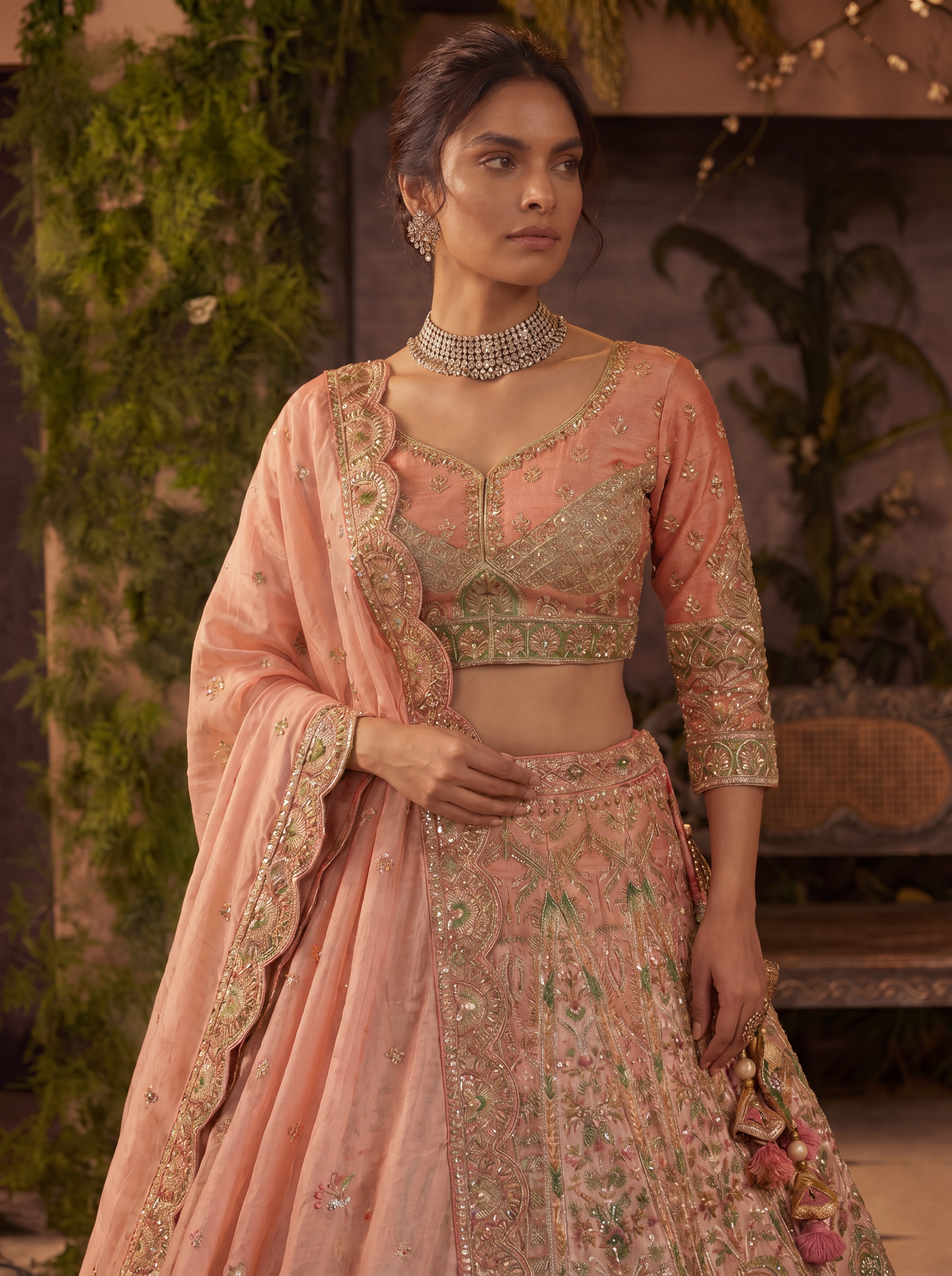 Coral Peach Viscose Floral Sequins Bridal Lehenga Choli Set
