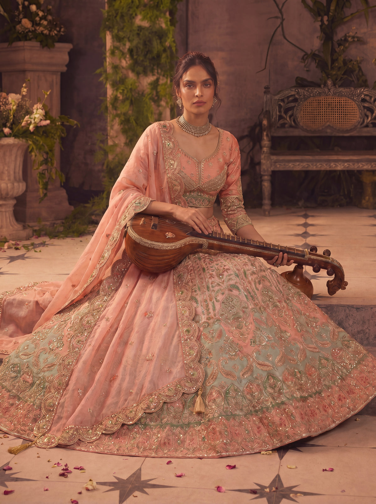 Coral Peach Viscose Floral Sequins Bridal Lehenga Choli Set