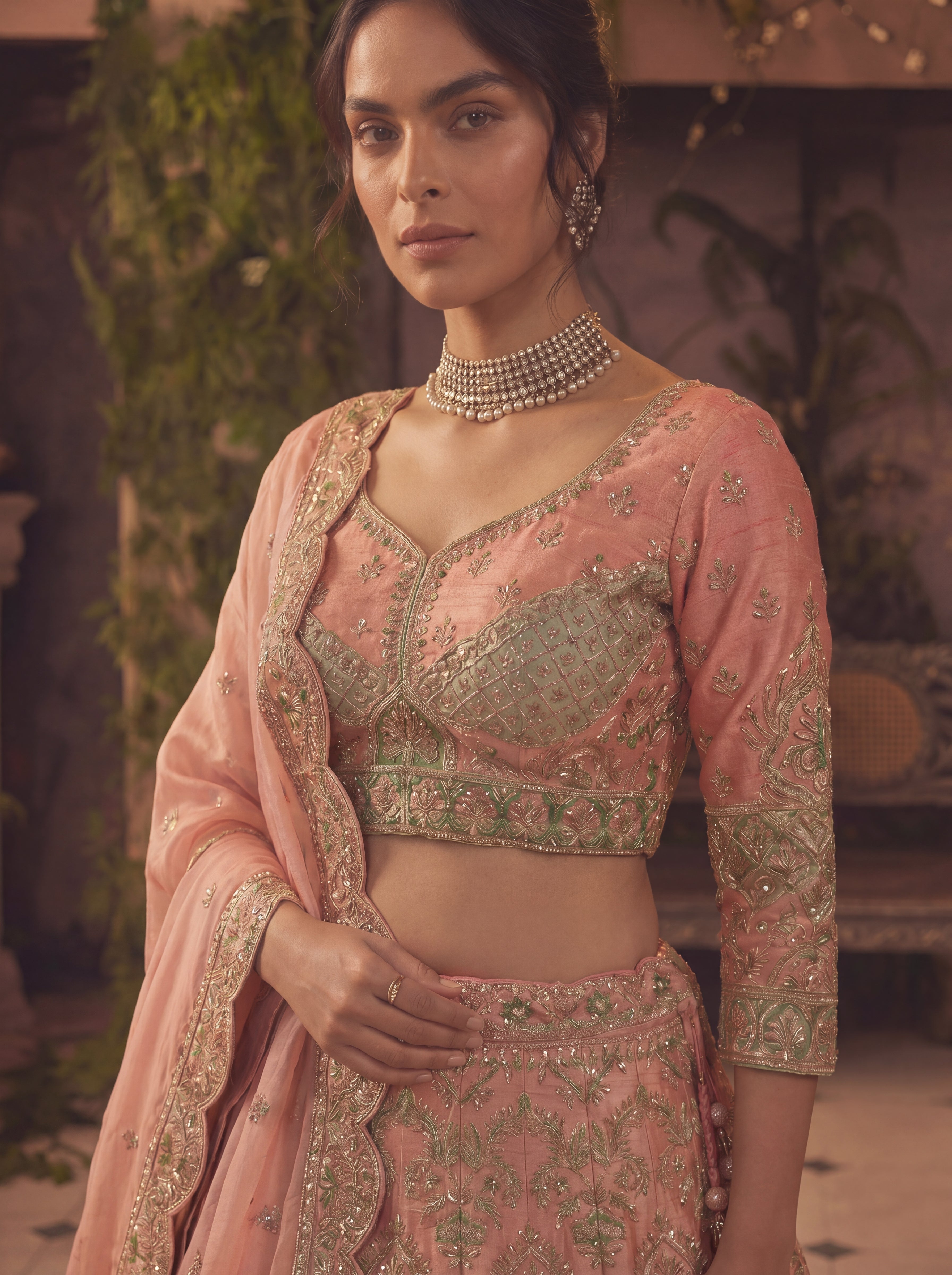 Coral Peach Viscose Floral Sequins Bridal Lehenga Choli Set