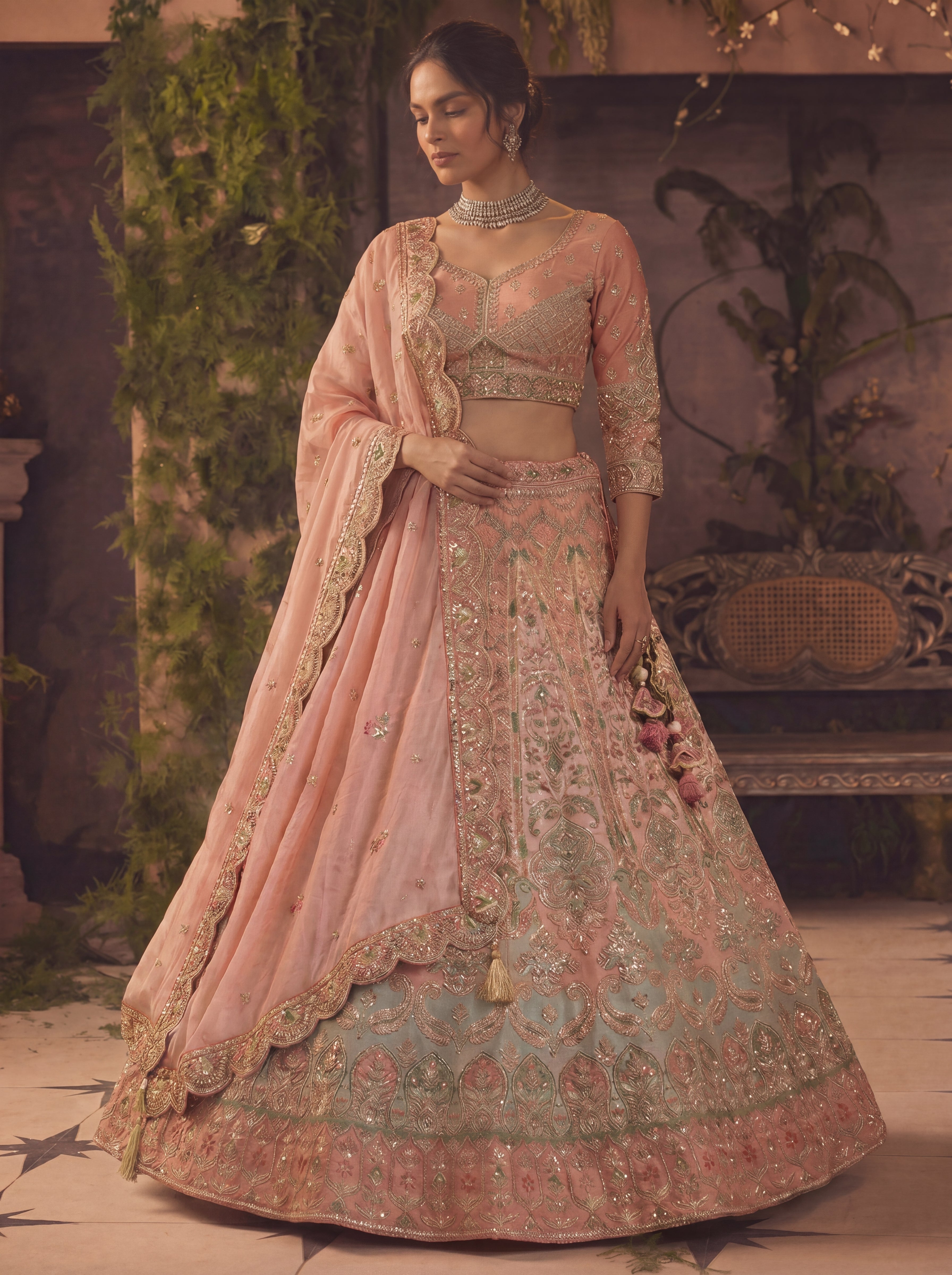 Coral Peach Viscose Floral Sequins Bridal Lehenga Choli Set