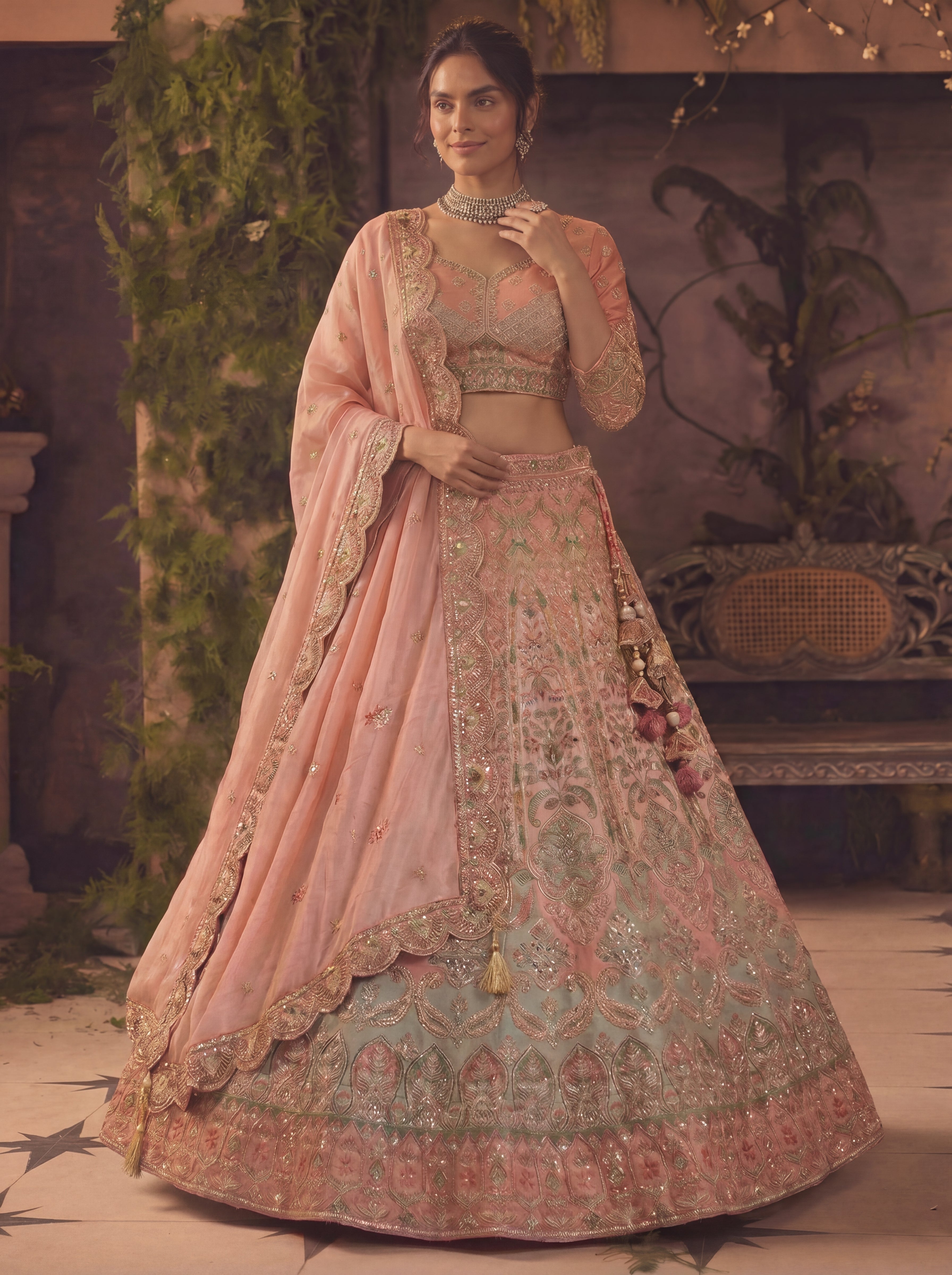 Coral Peach Viscose Floral Sequins Bridal Lehenga Choli Set
