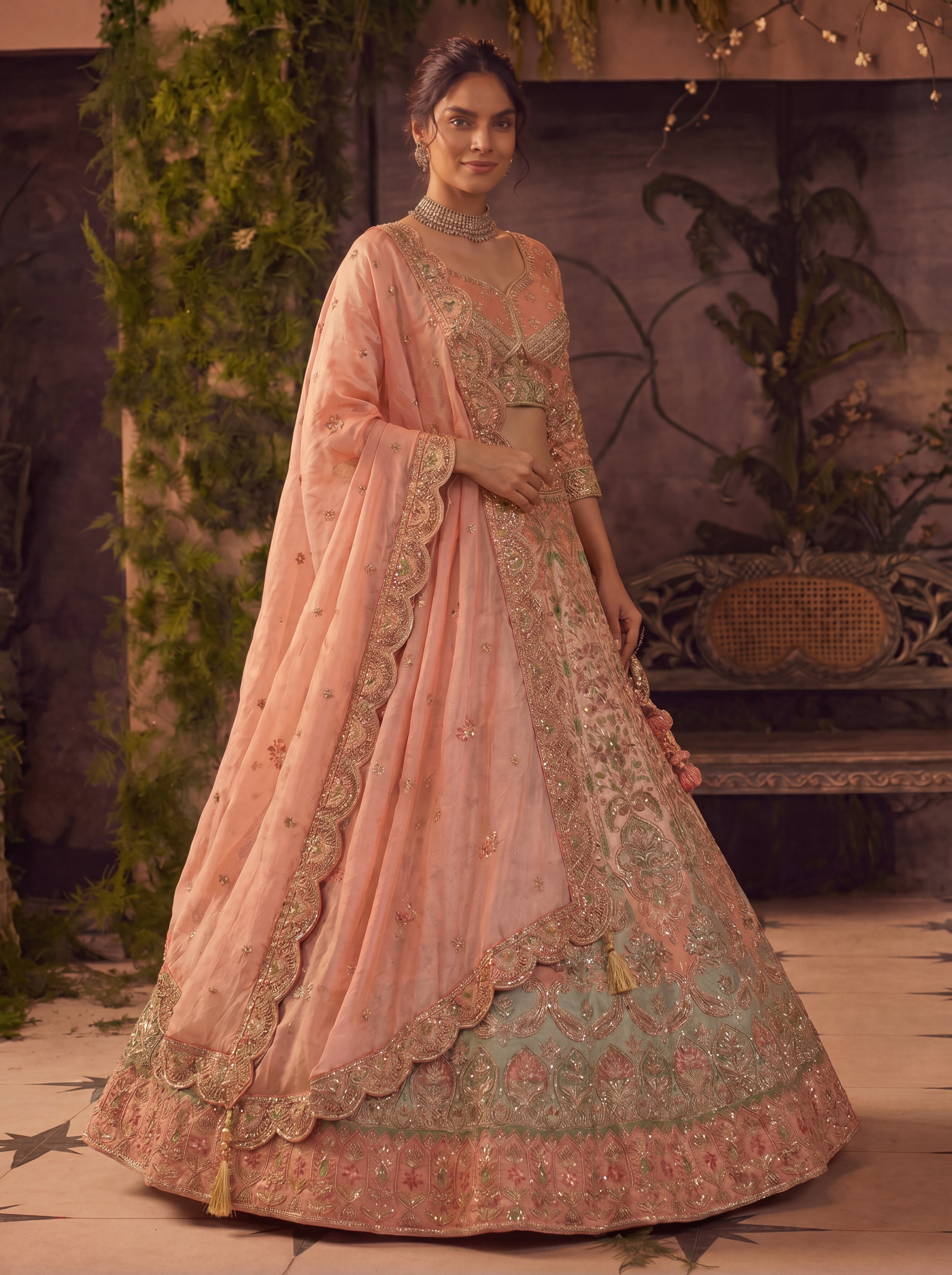 Coral Peach Viscose Floral Sequins Bridal Lehenga Choli Set