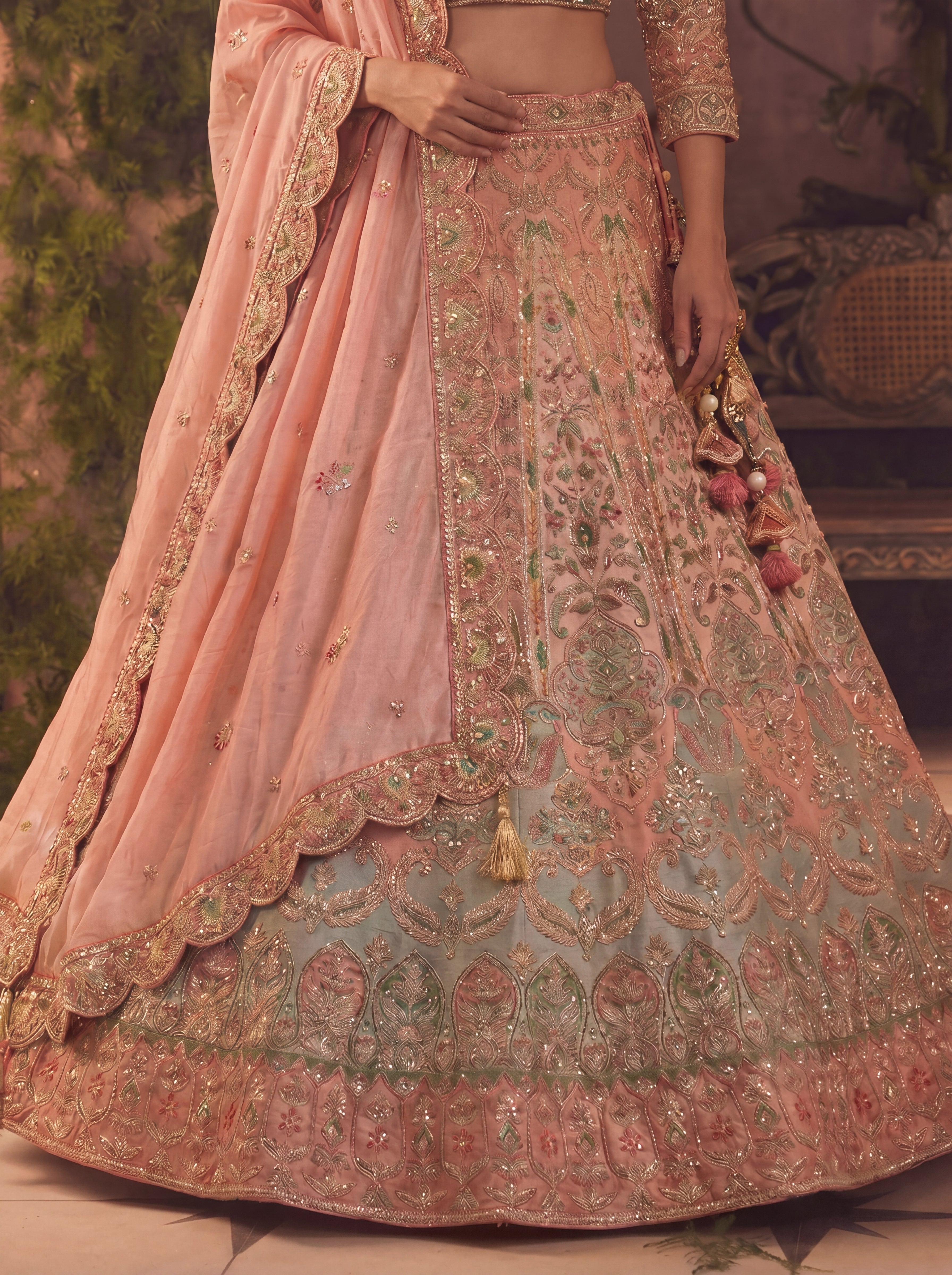 Coral Peach Viscose Floral Sequins Bridal Lehenga Choli Set