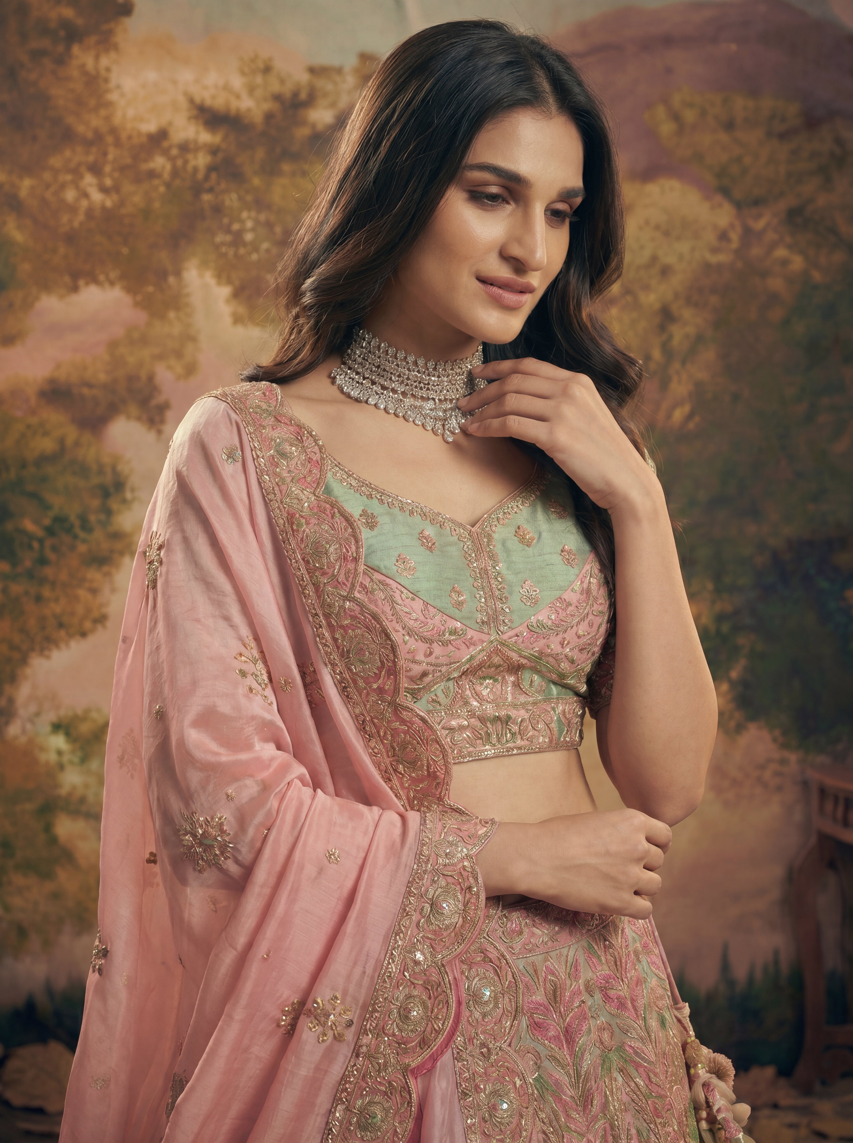 Blush Pink Viscose Sequins Mirror Bridal Lehenga Choli Set
