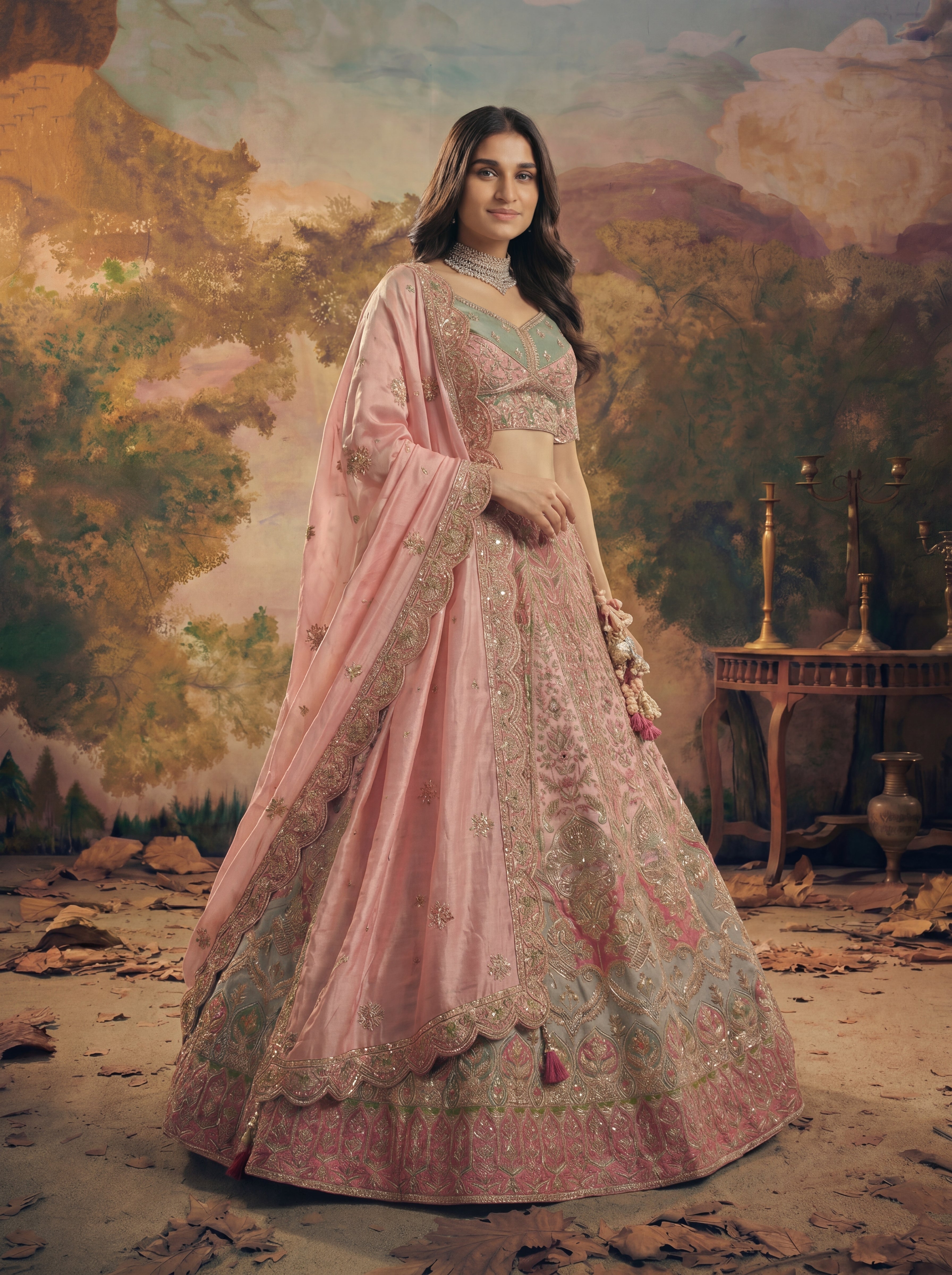 Blush Pink Viscose Sequins Mirror Bridal Lehenga Choli Set