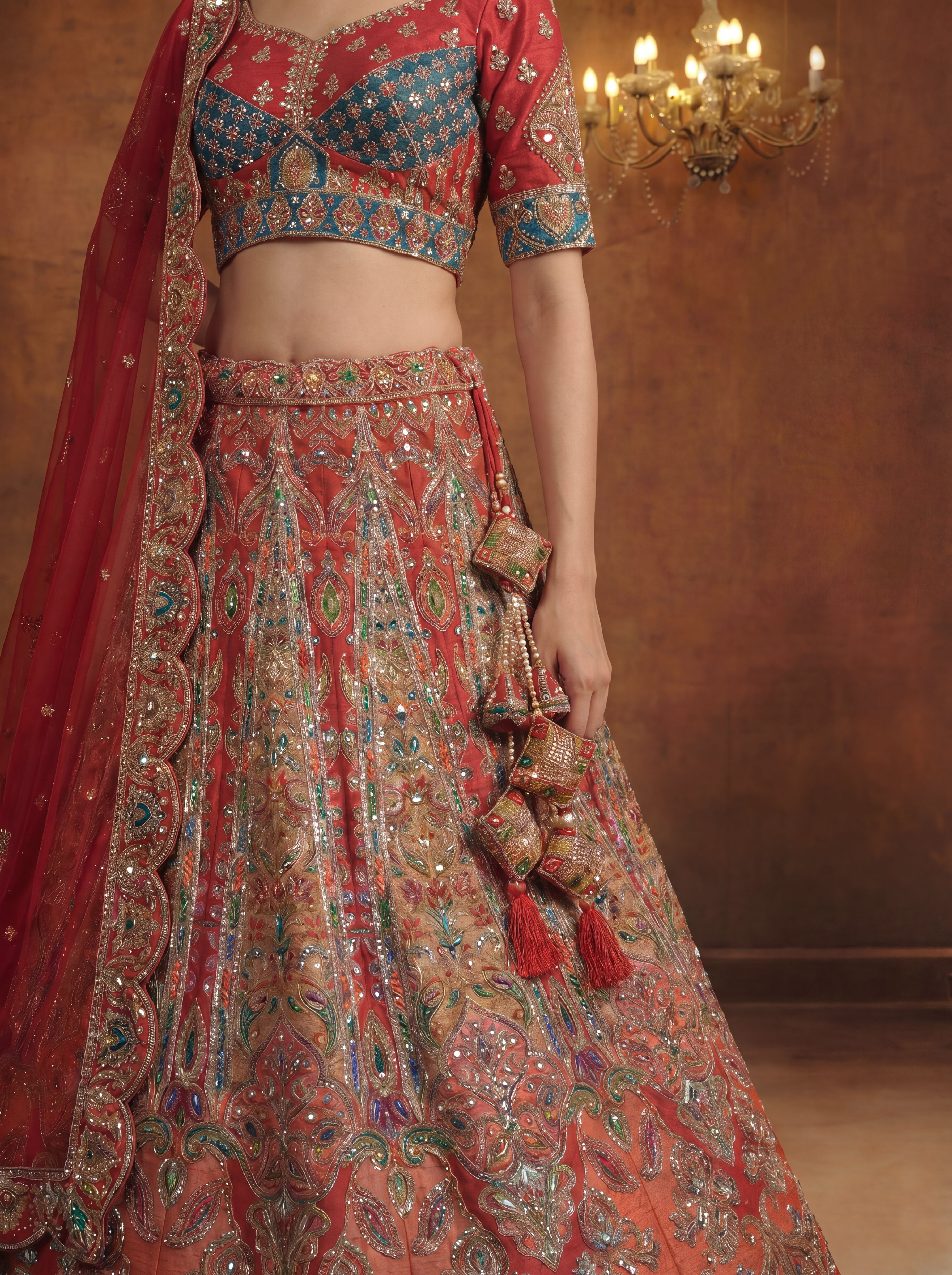 Coral Pink Viscose Sequins Mirror Bridal Lehenga Choli Set