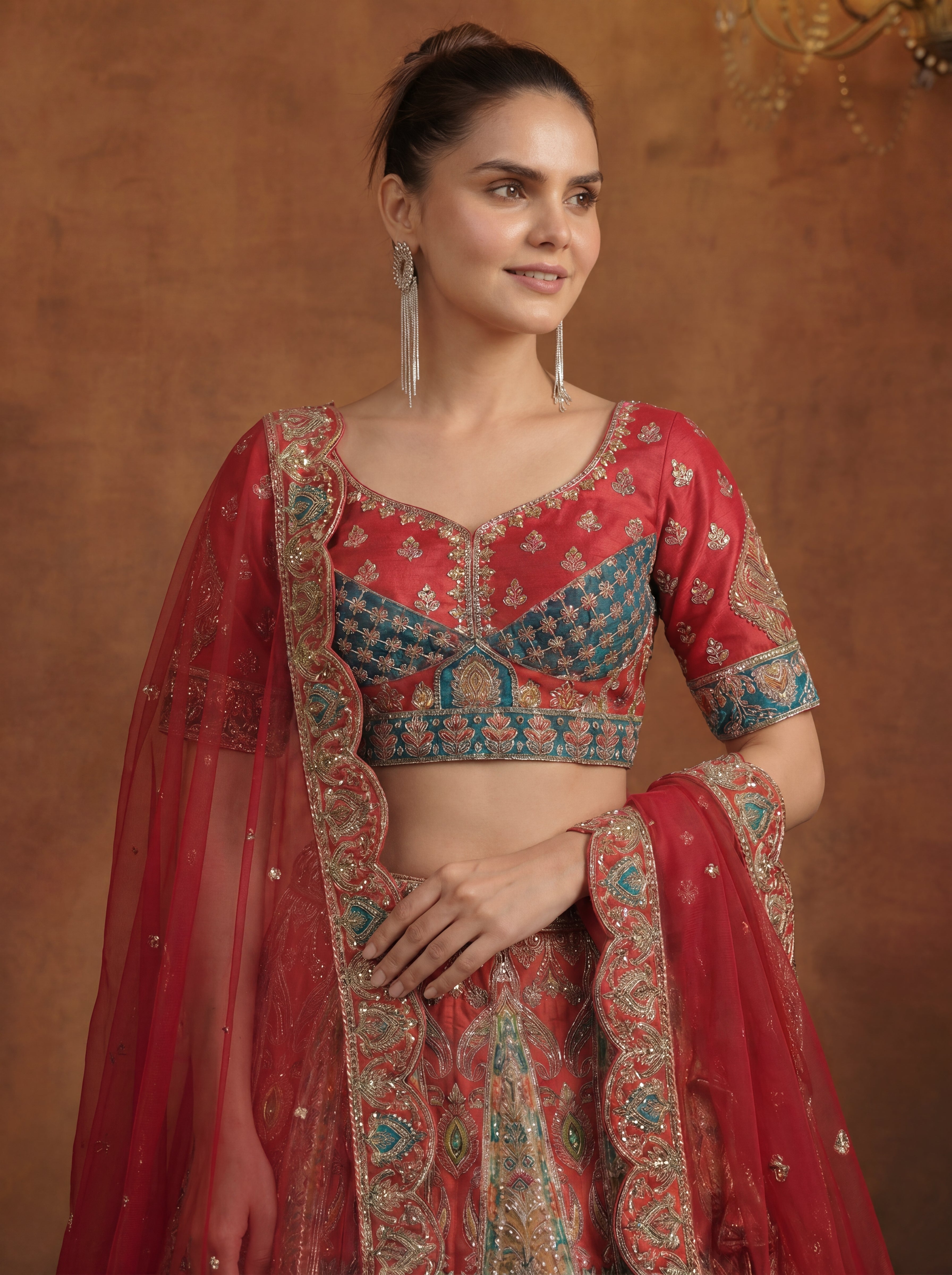 Coral Pink Viscose Sequins Mirror Bridal Lehenga Choli Set