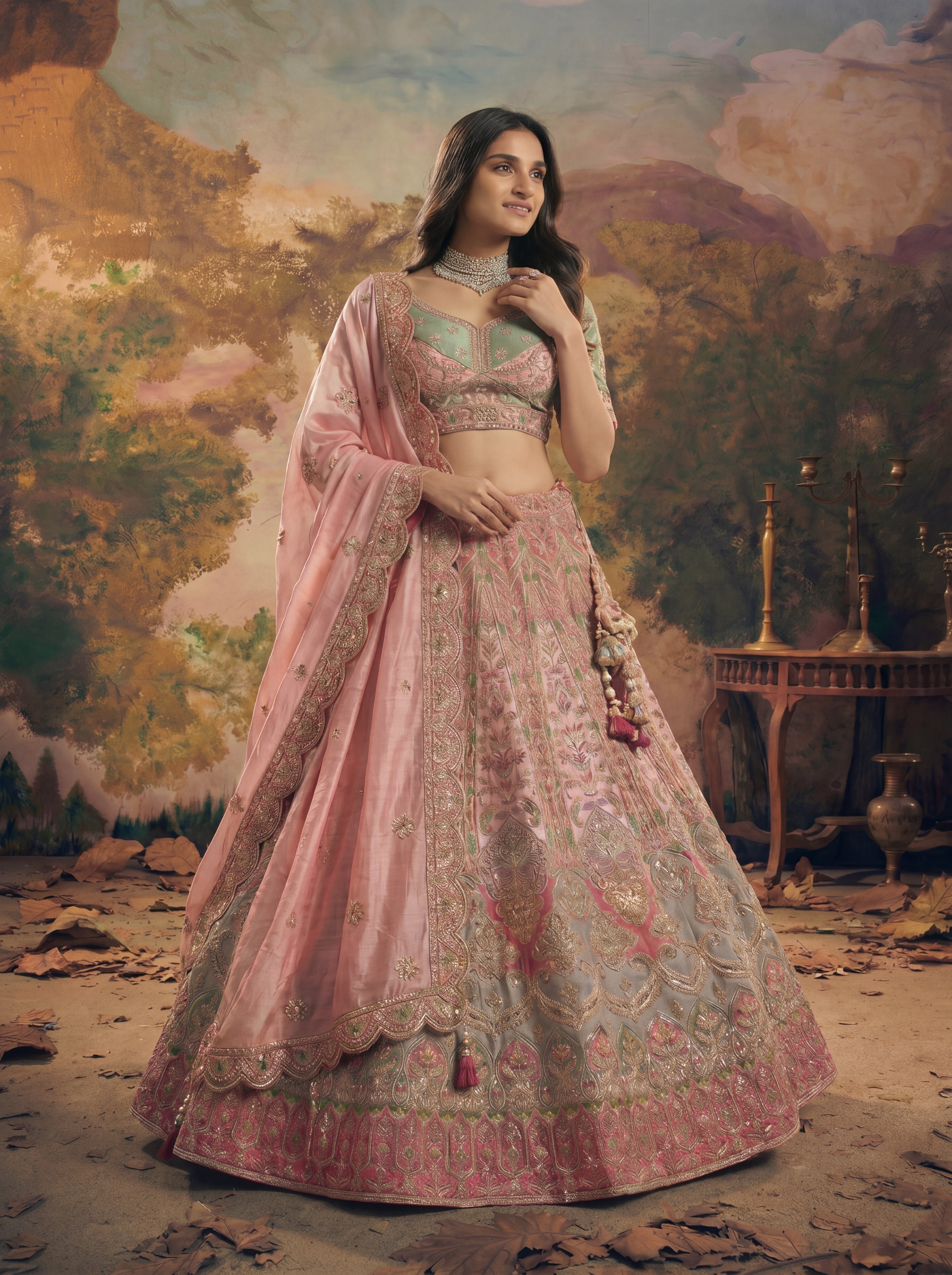 Blush Pink Viscose Sequins Mirror Bridal Lehenga Choli Set