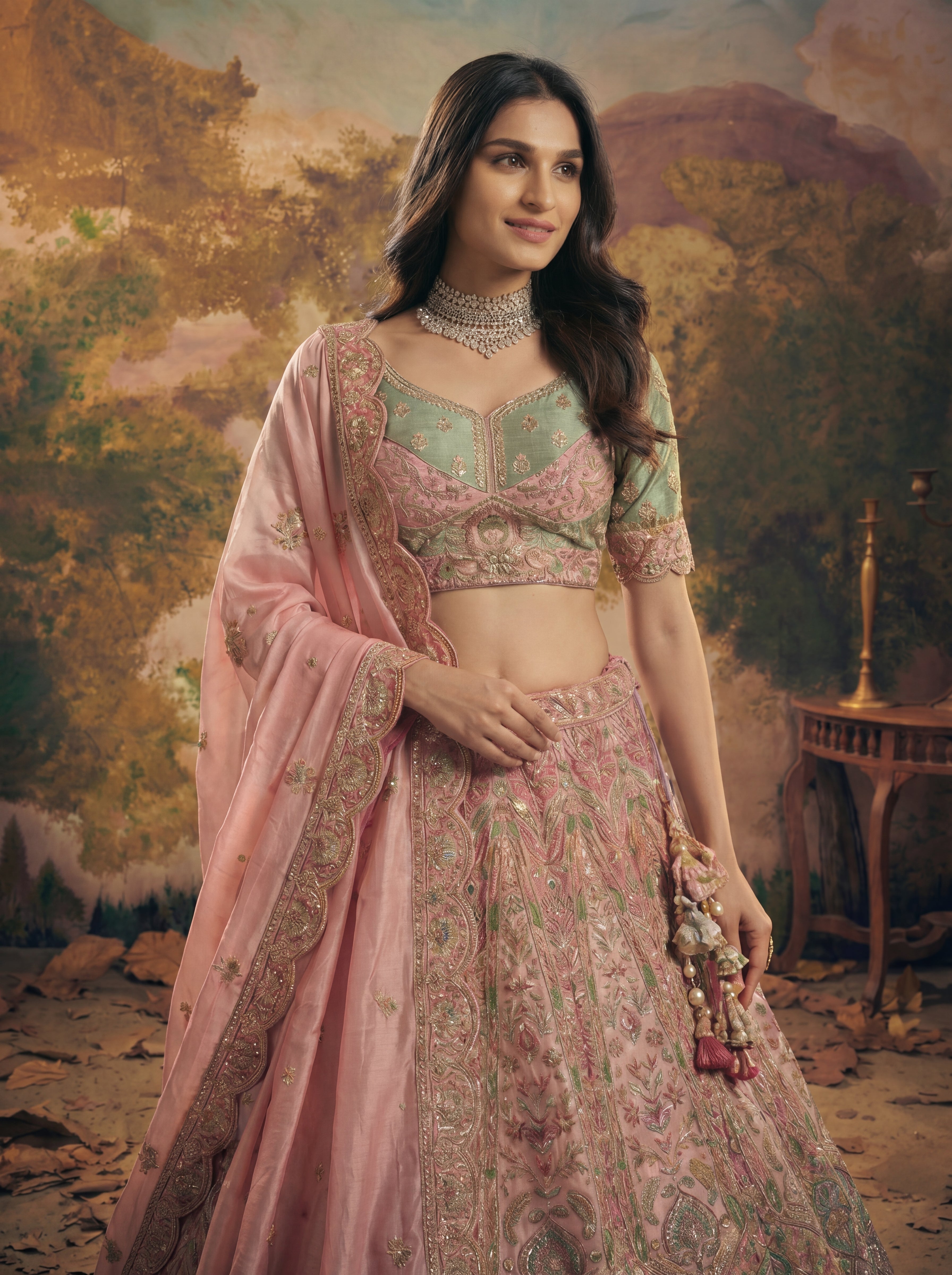 Blush Pink Viscose Sequins Mirror Bridal Lehenga Choli Set