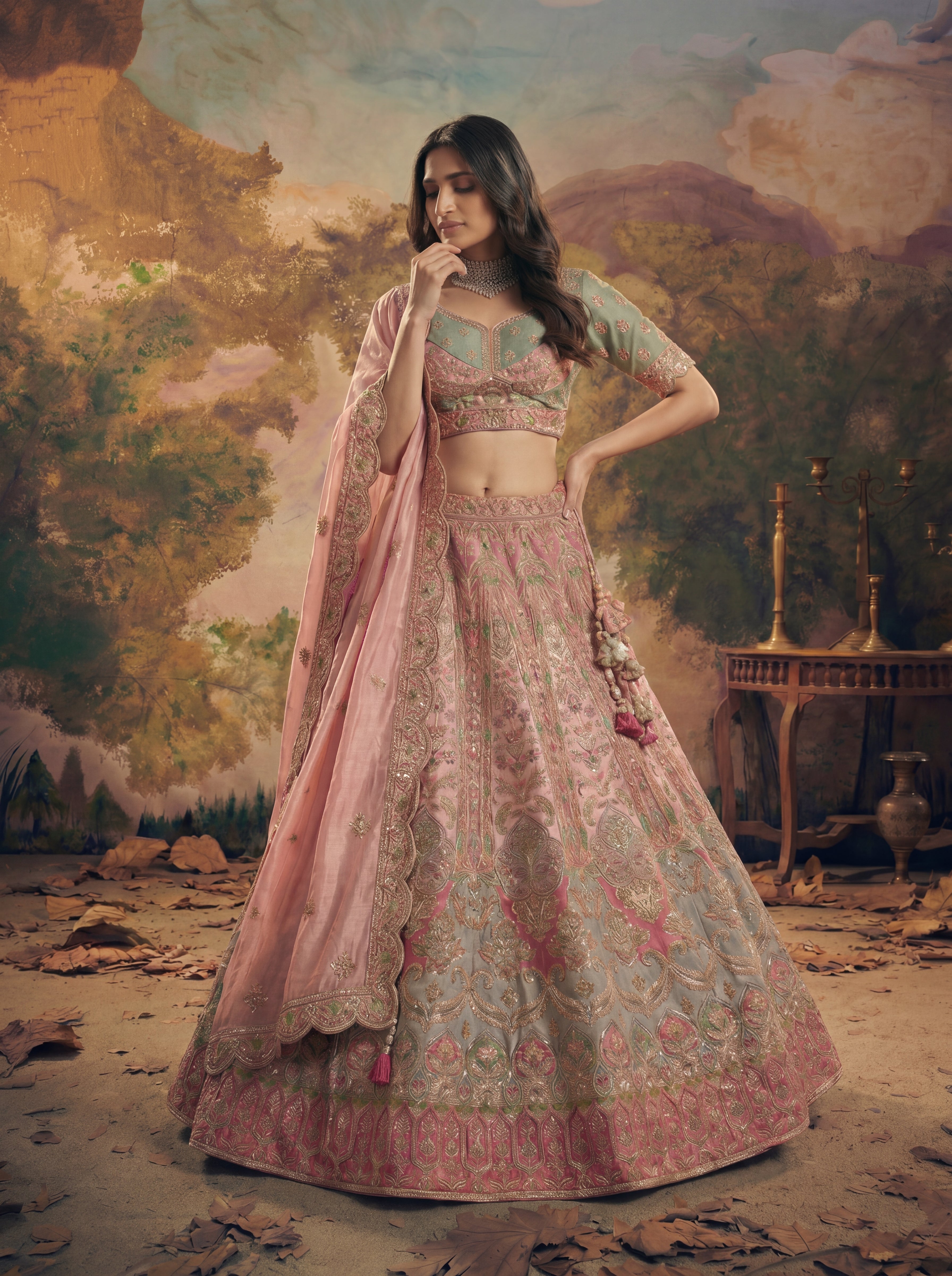 Blush Pink Viscose Sequins Mirror Bridal Lehenga Choli Set
