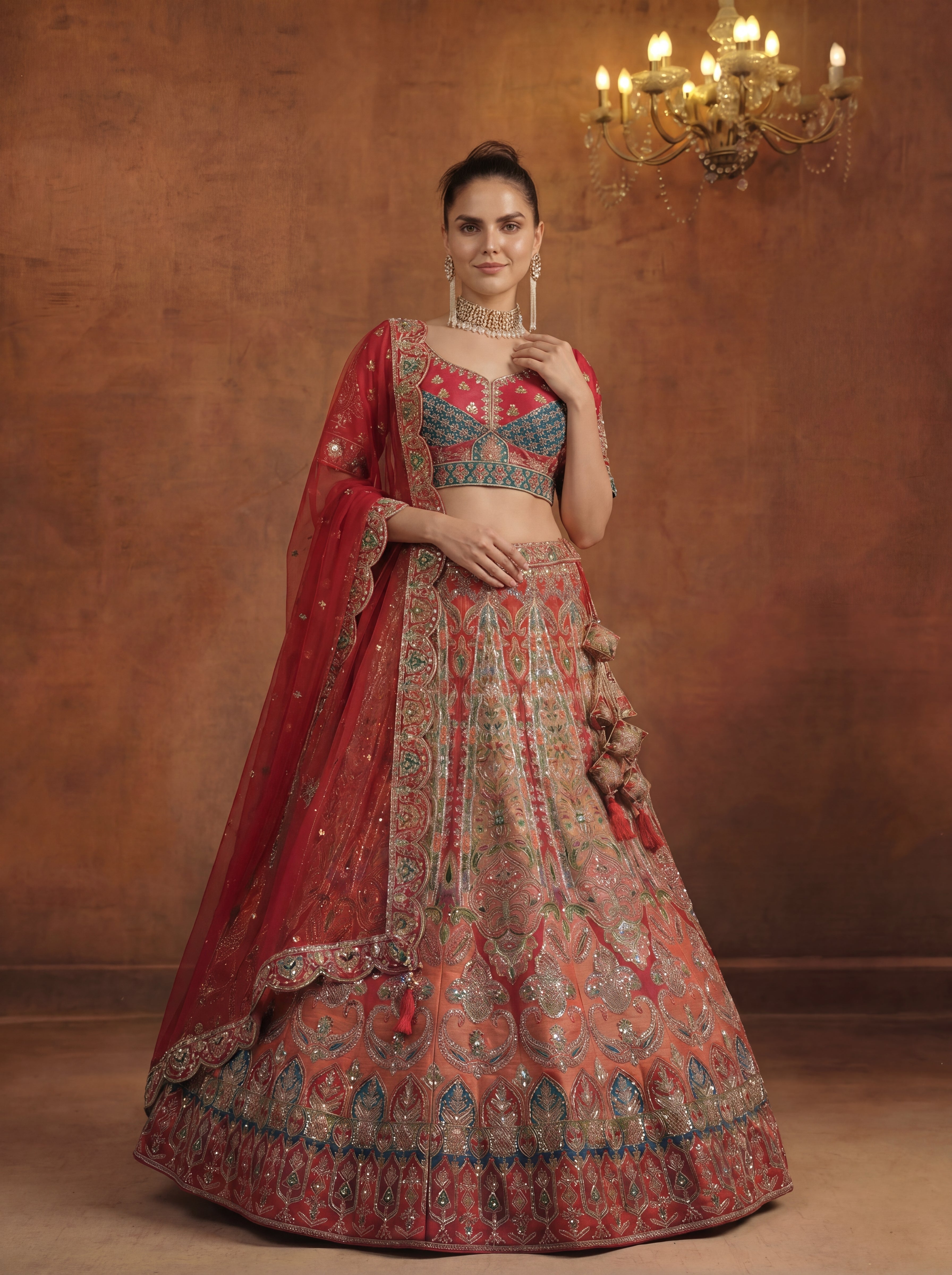 Coral Pink Viscose Sequins Mirror Bridal Lehenga Choli Set