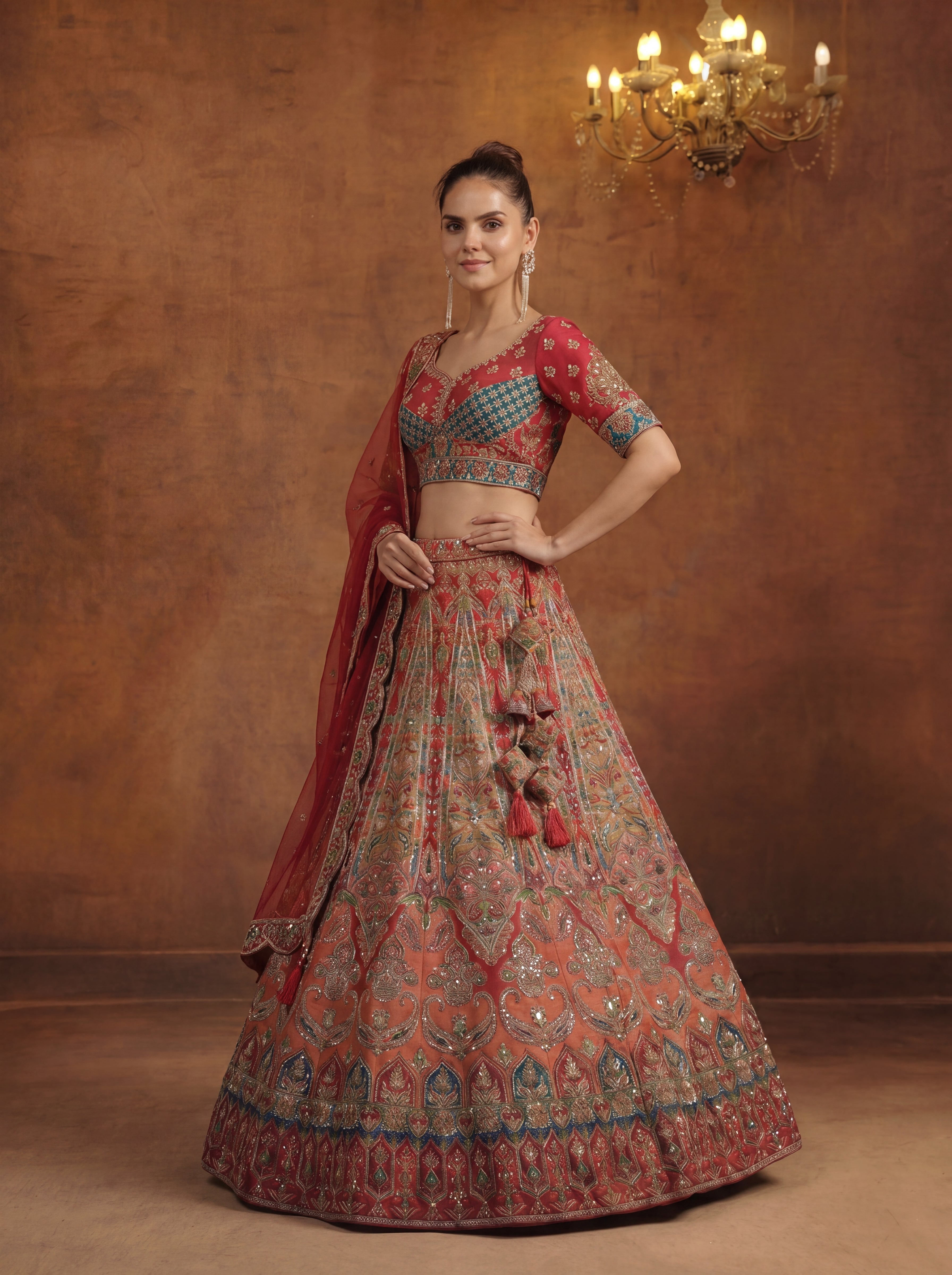Coral Pink Viscose Sequins Mirror Bridal Lehenga Choli Set