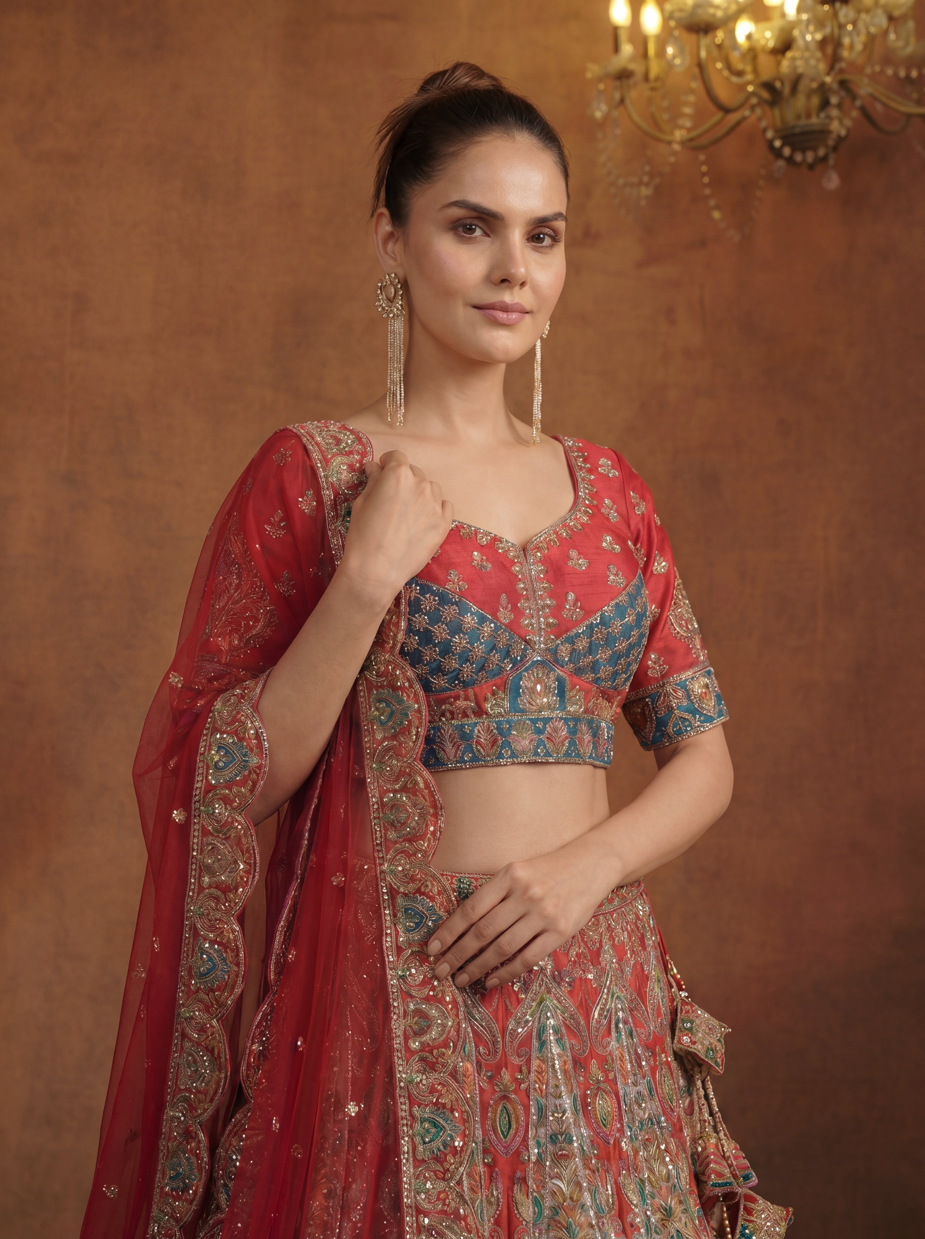 Coral Pink Viscose Sequins Mirror Bridal Lehenga Choli Set