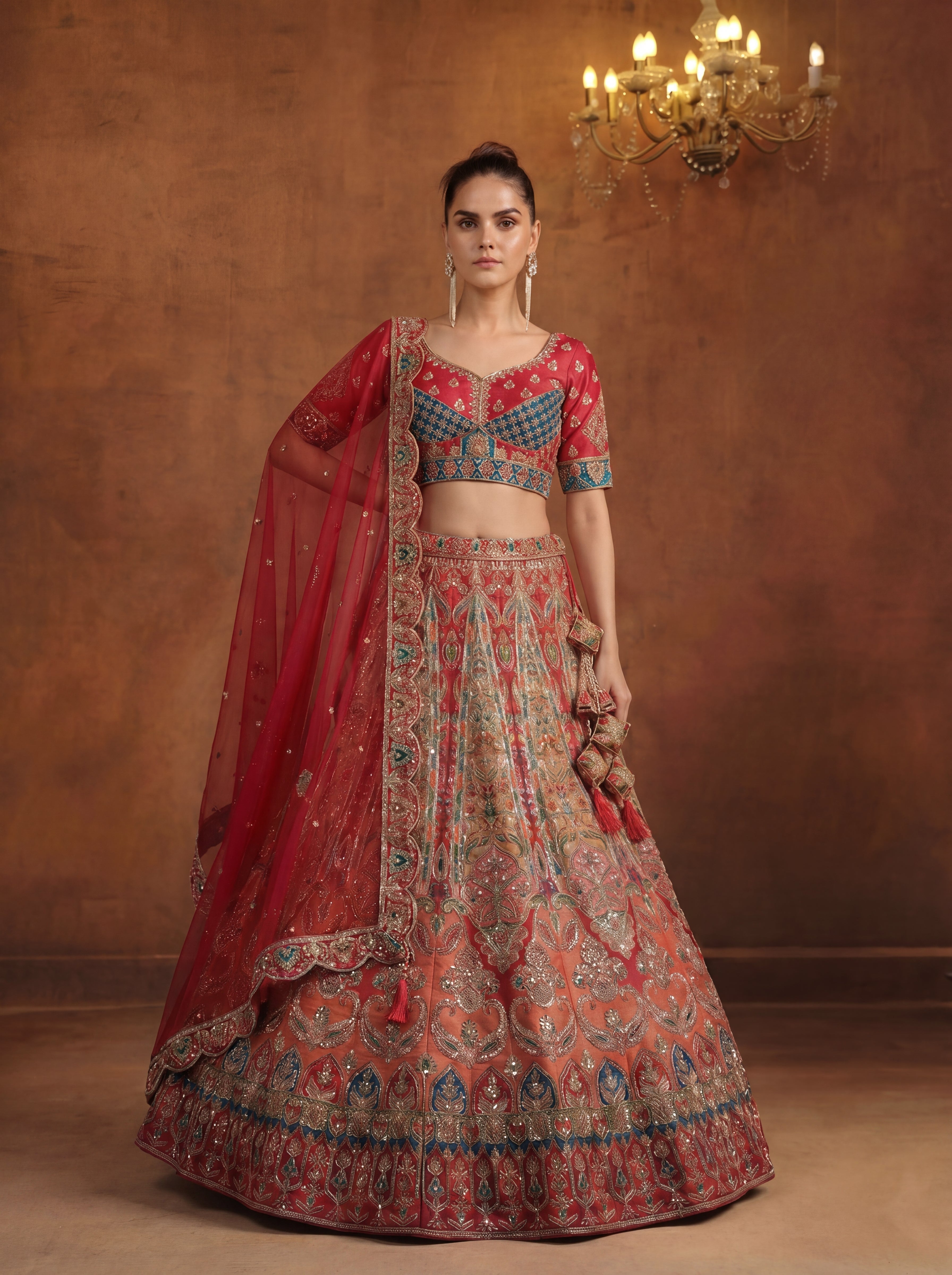 Coral Pink Viscose Sequins Mirror Bridal Lehenga Choli Set