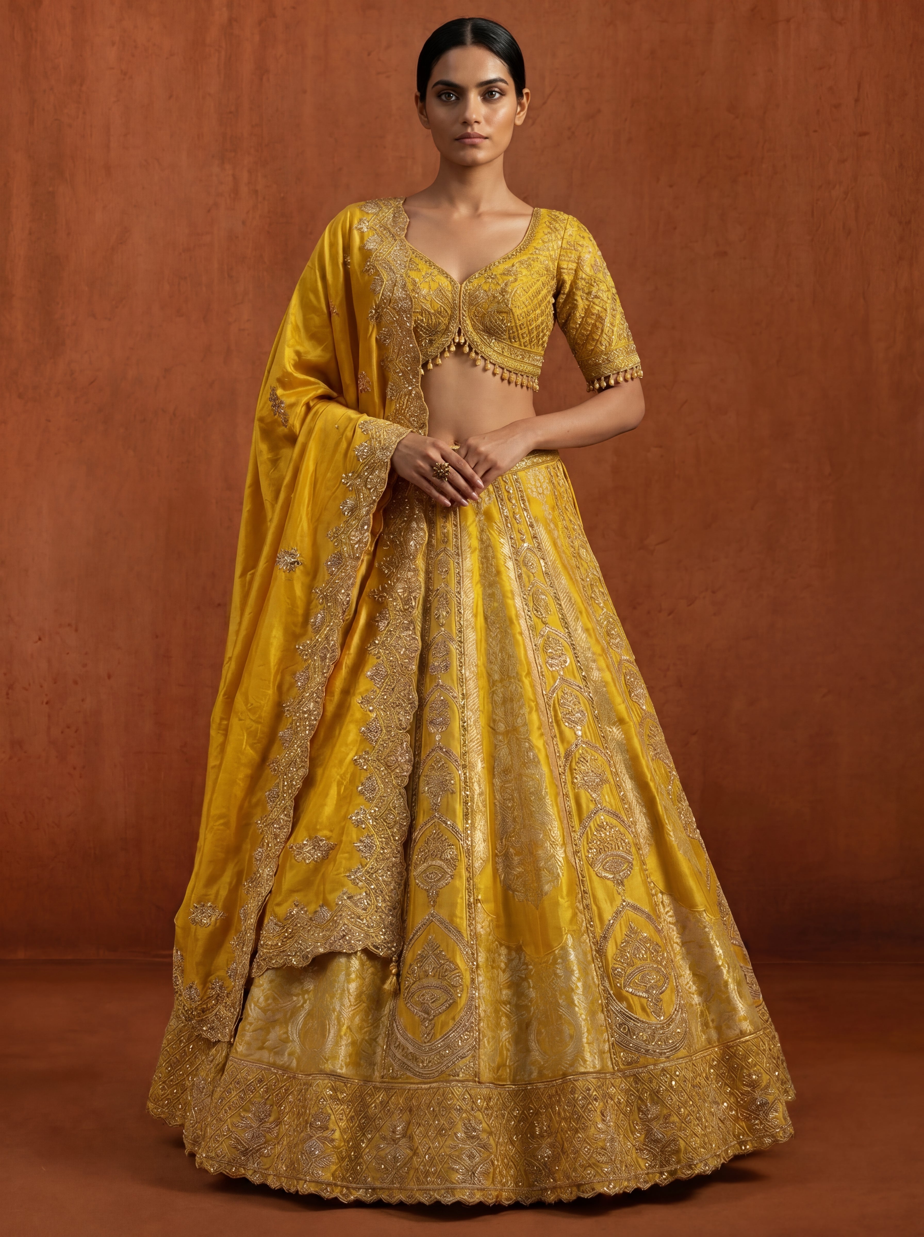 Golden Yellow Silk Jacquard Weaving Wedding Lehenga Choli Set