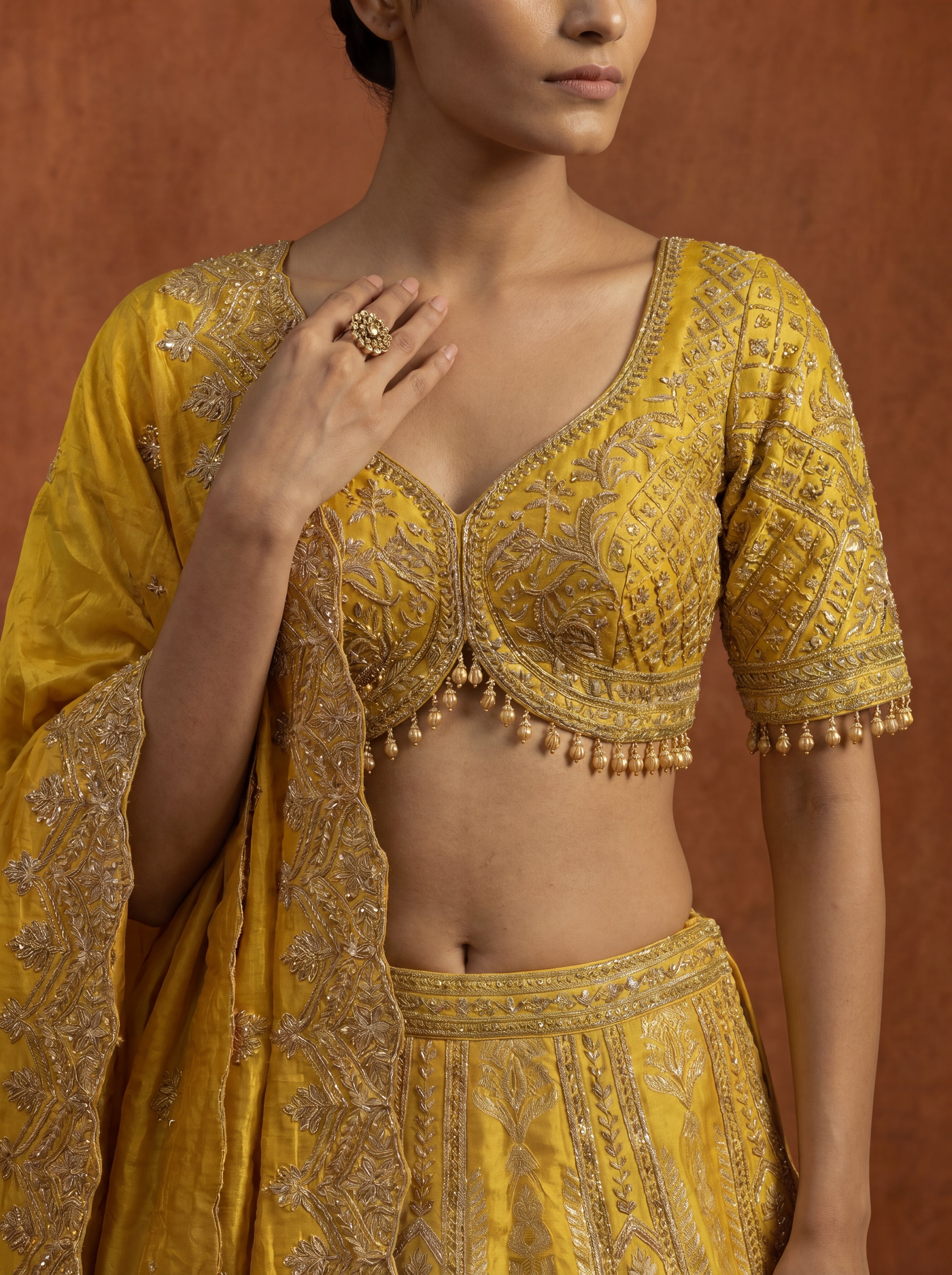 Golden Yellow Silk Jacquard Weaving Wedding Lehenga Choli Set